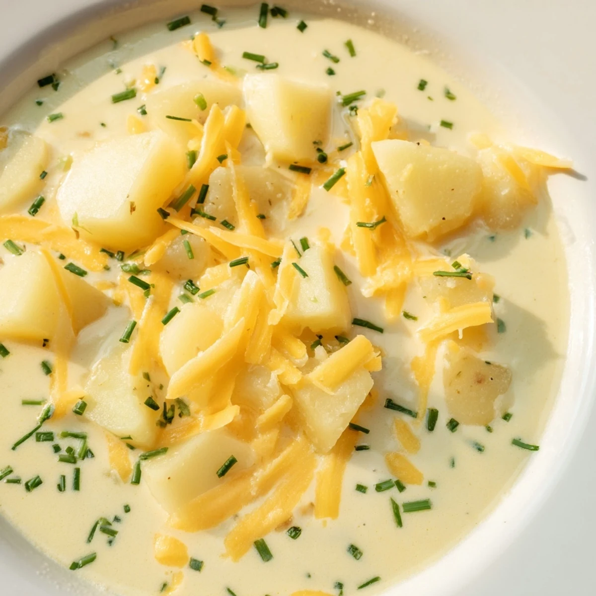 Rustic bowl of Irish Cheddar Potato Soup with Chives beside crusty bread and a spoon.