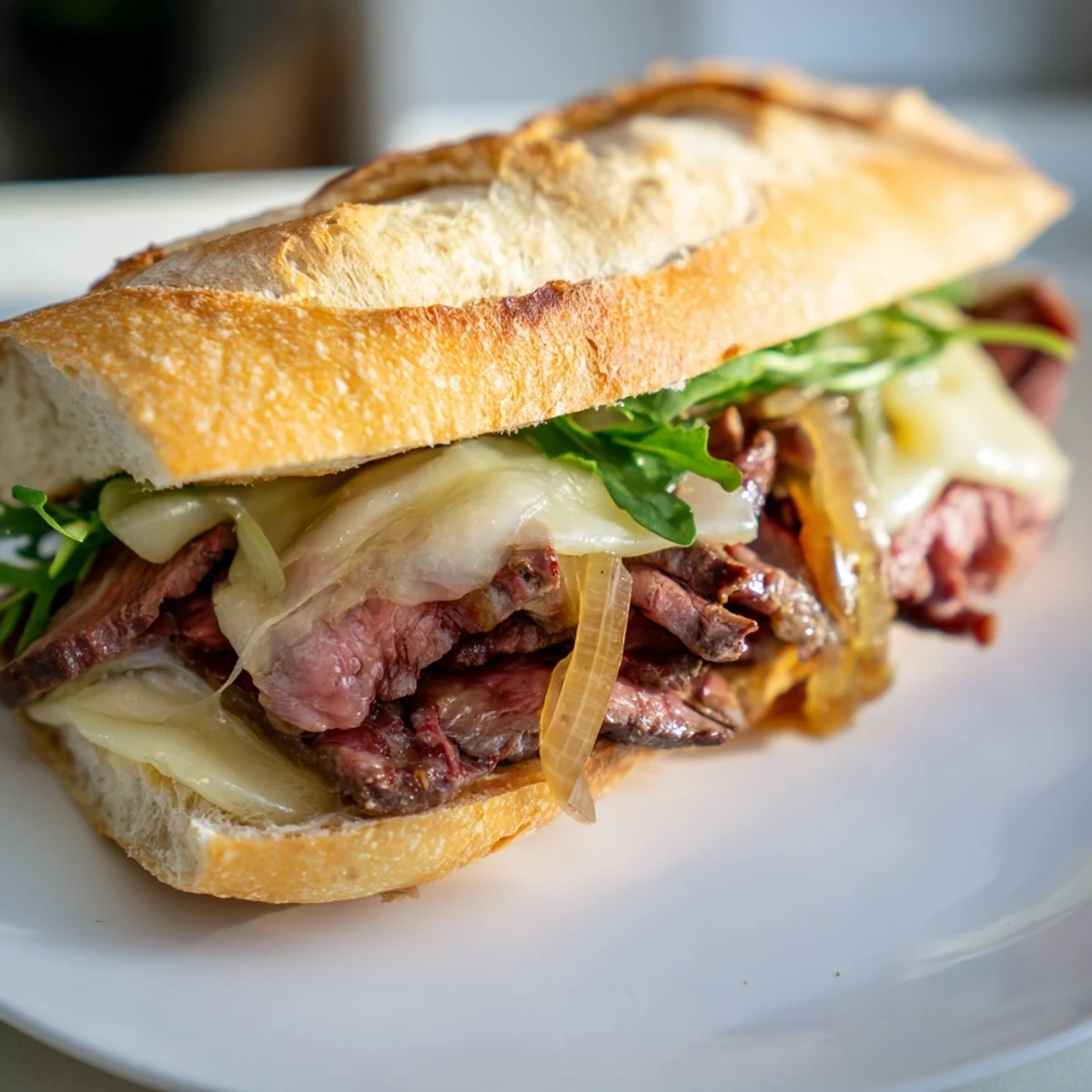 Juicy ribeye slices stacked on a crusty roll with sweet onions and melty cheese.