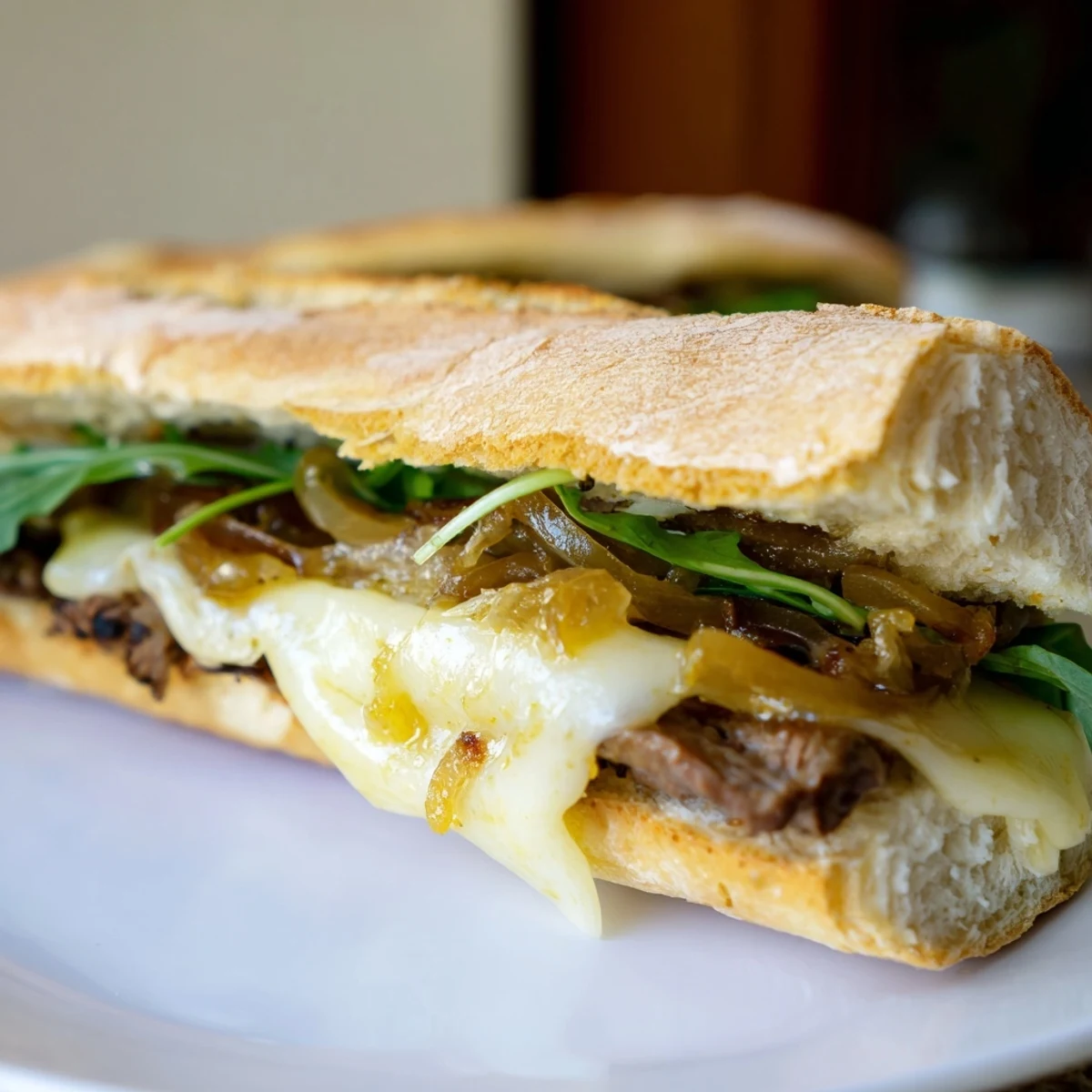 Open-faced MVP Steak Sandwiches with caramelized onions and melted provolone on a toasted baguette.
