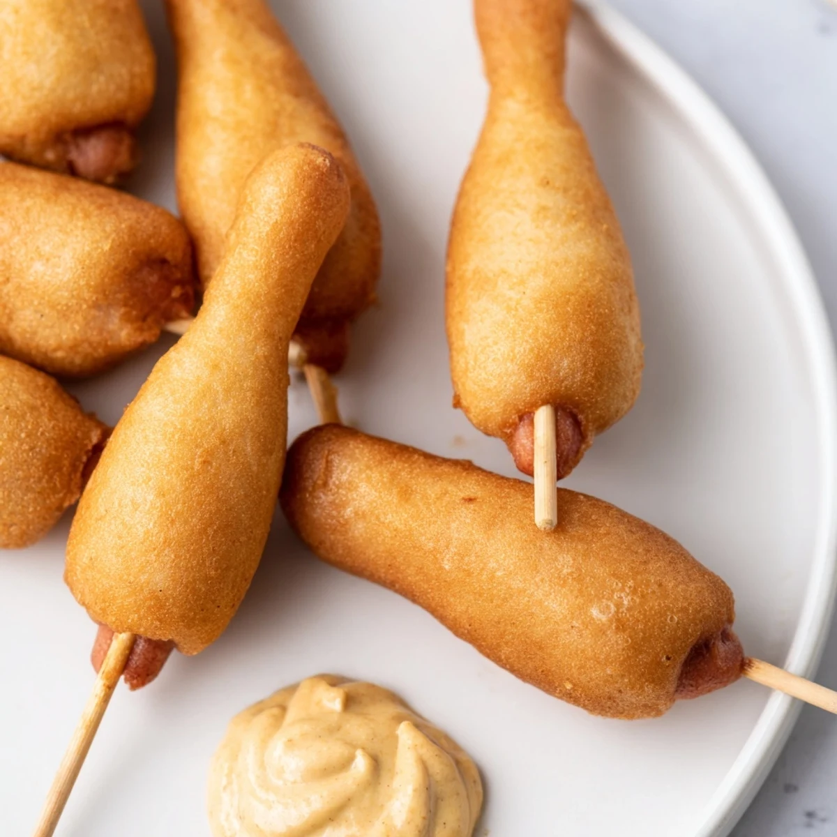 Crispy golden Super Bowl Mini Corn Dogs with halal beef franks on sticks, served with tangy mustard dipping sauce for game day.