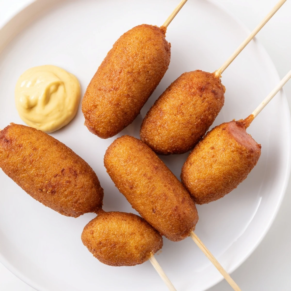 Freshly fried Super Bowl Mini Corn Dogs lined on parchment, crispy batter on halal beef franks alongside honey mustard for dipping.