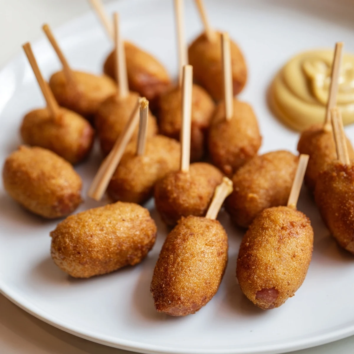 Golden brown Super Bowl Mini Corn Dogs bite-sized on a platter with creamy mustard dip, perfect for snacking during the big game.