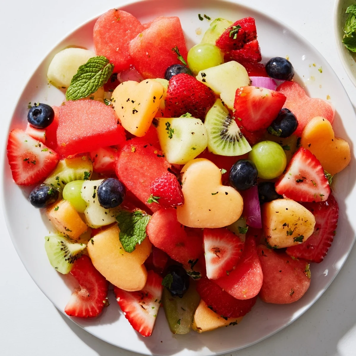 This romantic Sweetheart Fruit Salad showcases vibrant honeydew, cantaloupe, grapes, and blueberries, tossed in a glistening honey-lime dressing and sprinkled with mint.