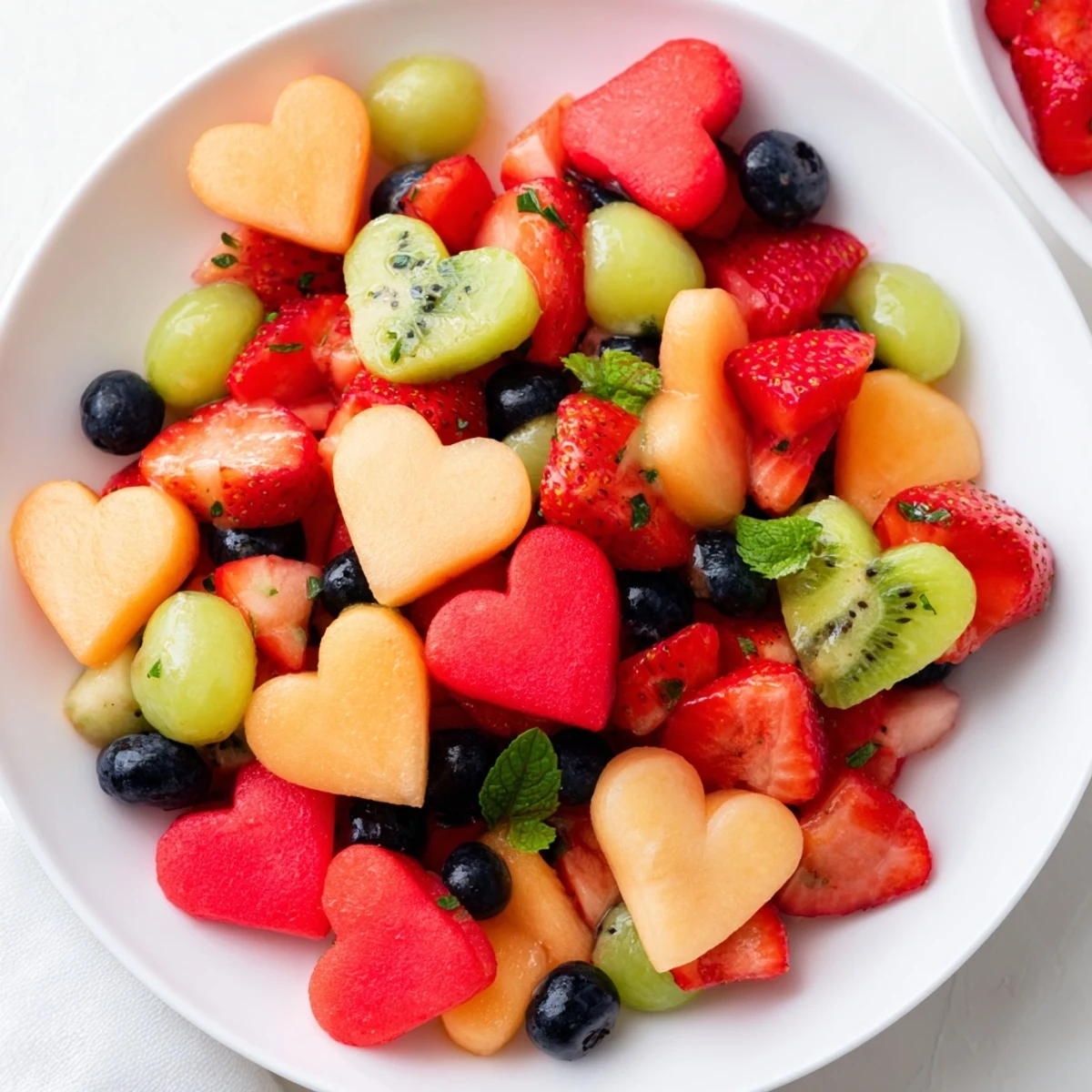 Bright, chilled Sweetheart Fruit Salad with honey-lime dressing, featuring heart-shaped watermelon and cantaloupe, plus strawberries, kiwi, and mint garnish.