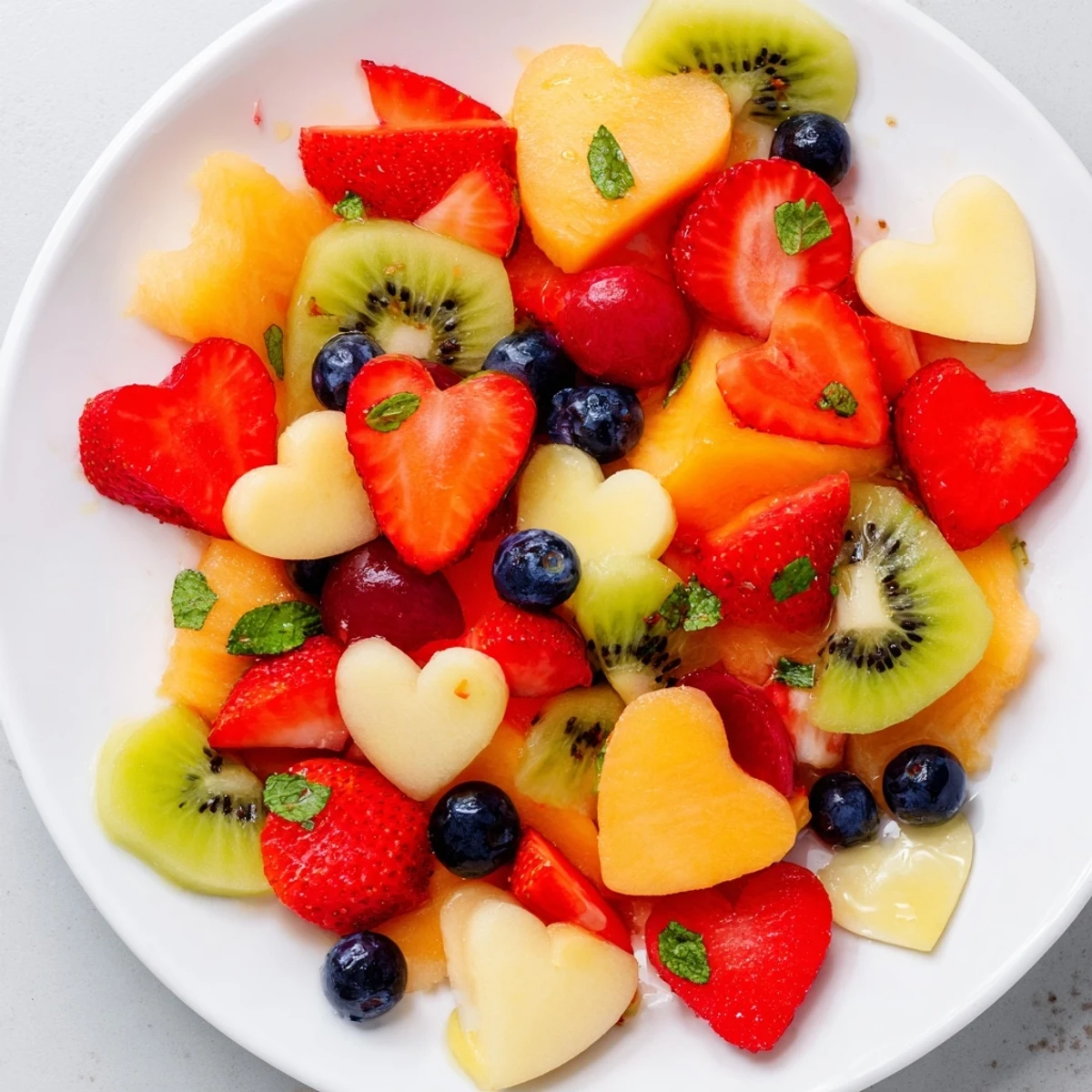 In a glass bowl, this Sweetheart Fruit Salad blends juicy strawberries, watermelon hearts, kiwi slices, and mint, with a honey-lime glaze for summer gatherings.