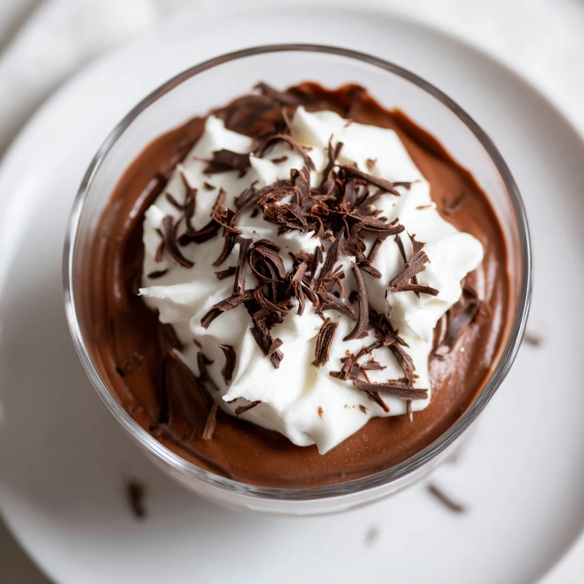 Rich Chocolate Mousse with Whipped Cream in a clear glass, garnished with cocoa powder.