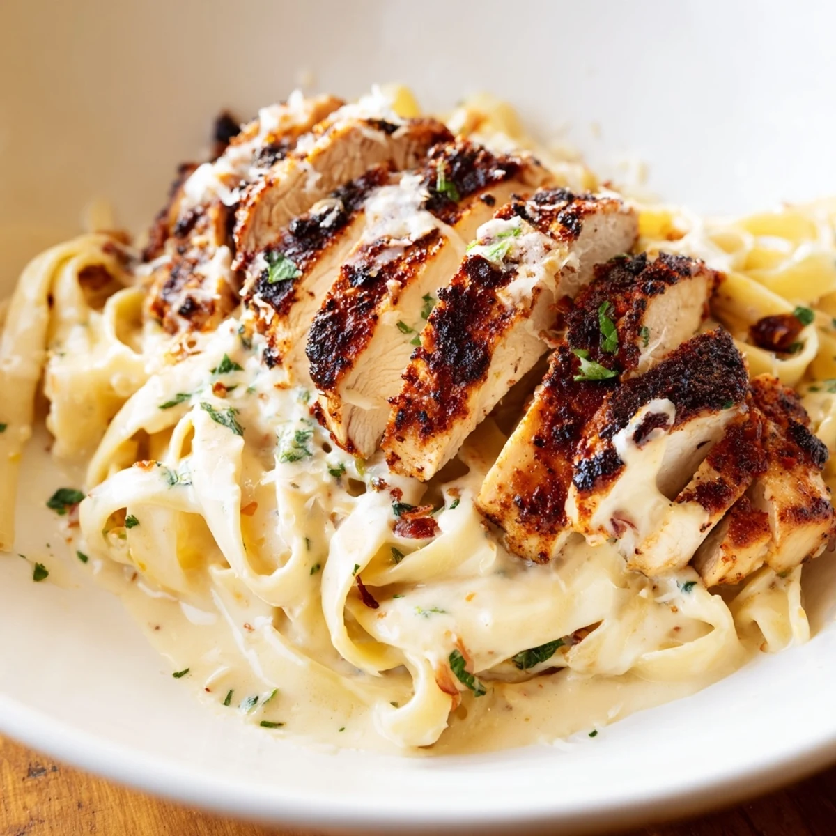 Cajun Blackened Chicken Alfredo features perfectly seared chicken slices resting on creamy fettuccine.