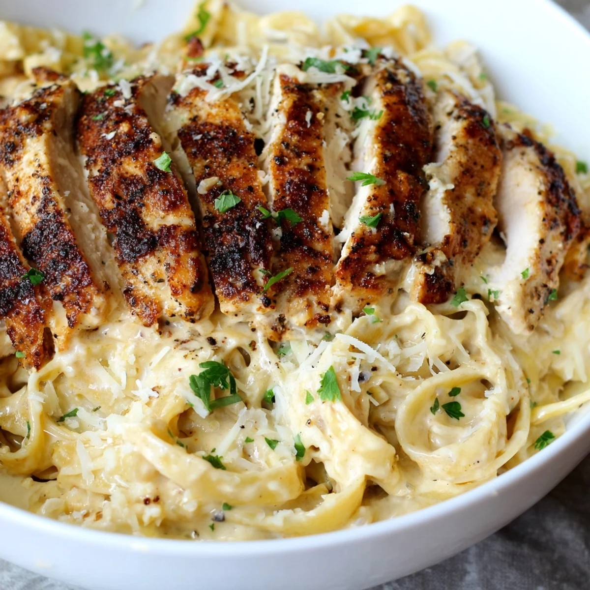 Steaming hot Cajun Blackened Chicken Alfredo served in a rustic white bowl, ready to eat.