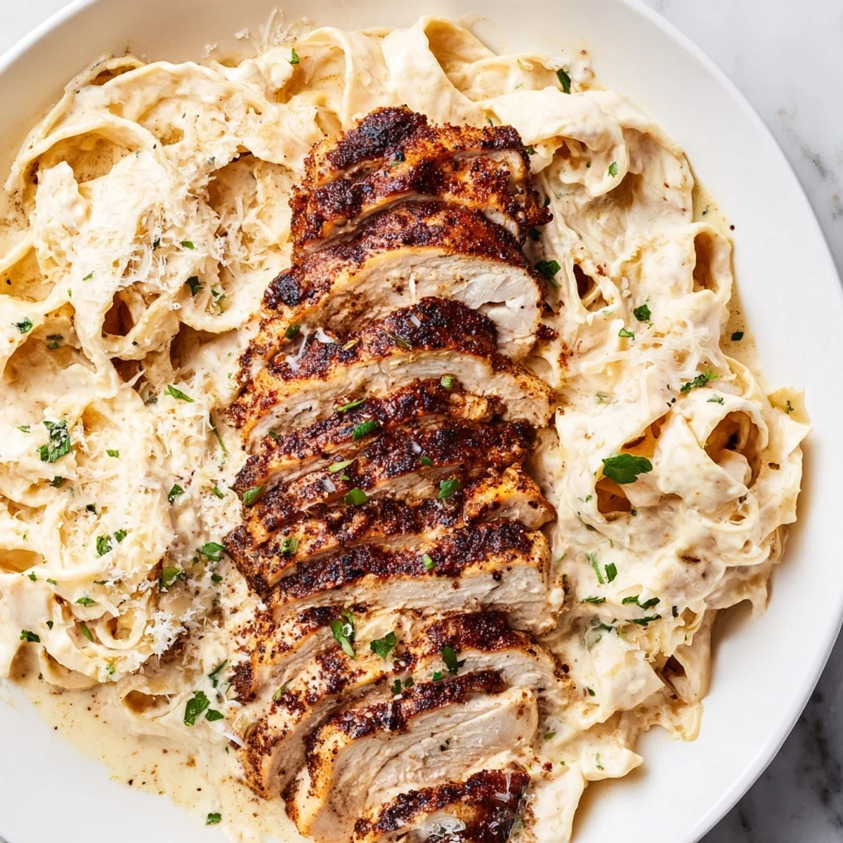 A plate of Cajun Blackened Chicken Alfredo, garnished with fresh parsley and parmesan.