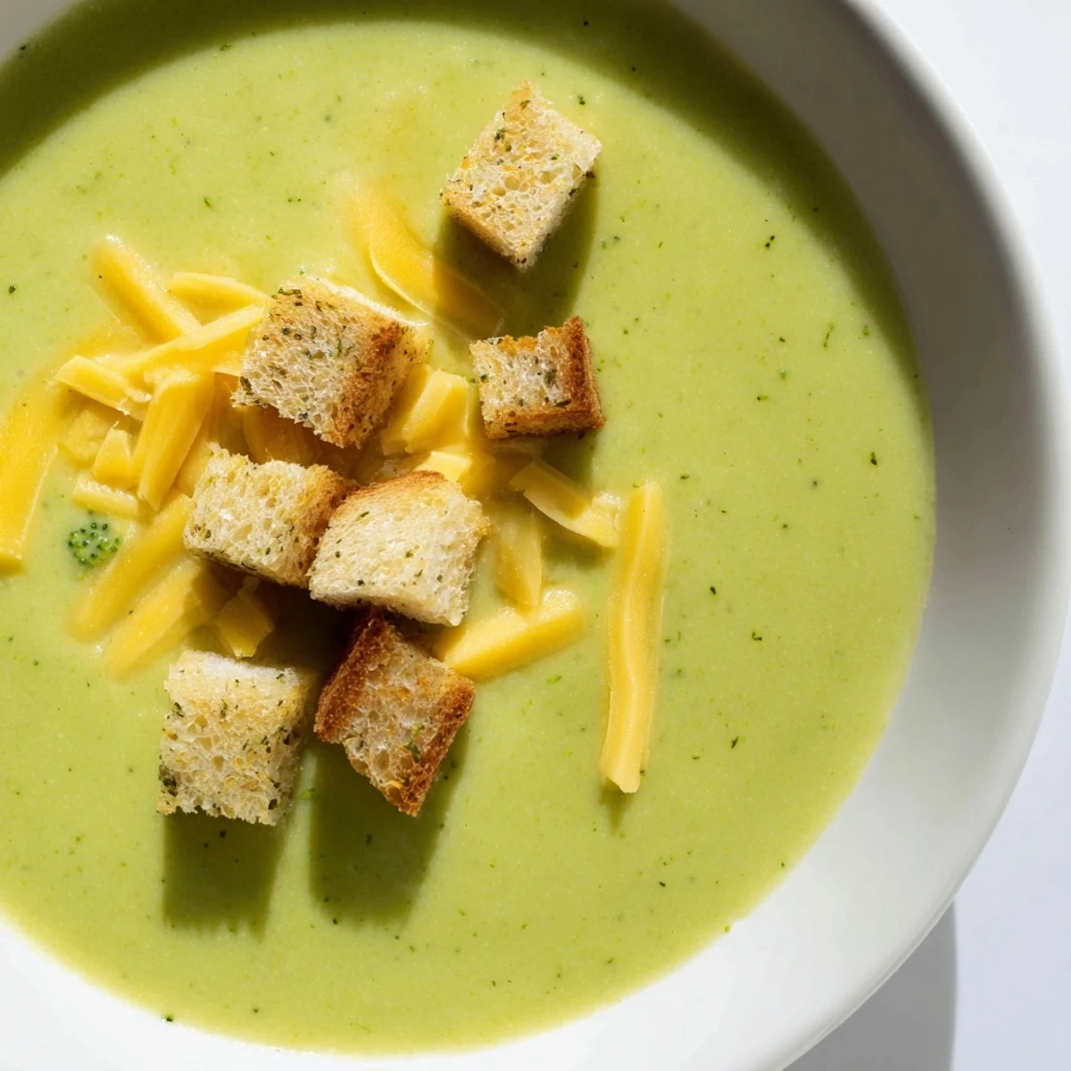 Hearty bowl of Green Broccoli Cheddar Soup with Croutons garnished with extra sharp cheddar, perfect for cozy autumn dinners.
