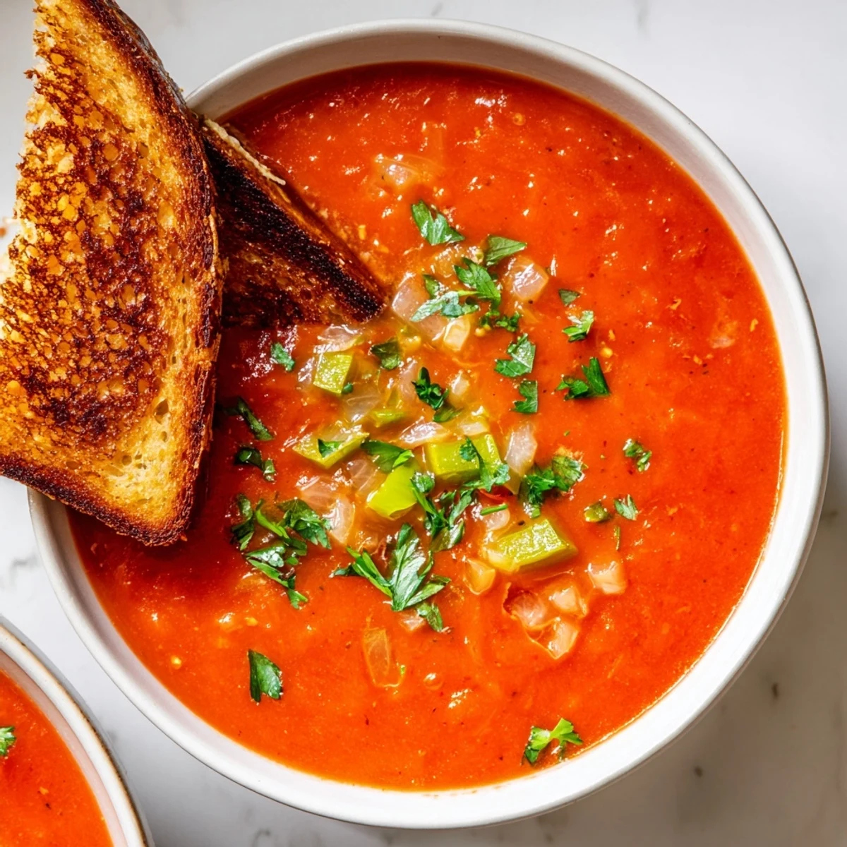 A bowl of spicy Creole Tomato Soup with Grilled Cheese, featuring sharp cheddar and Swiss melty cheese on crusty sourdough bread.