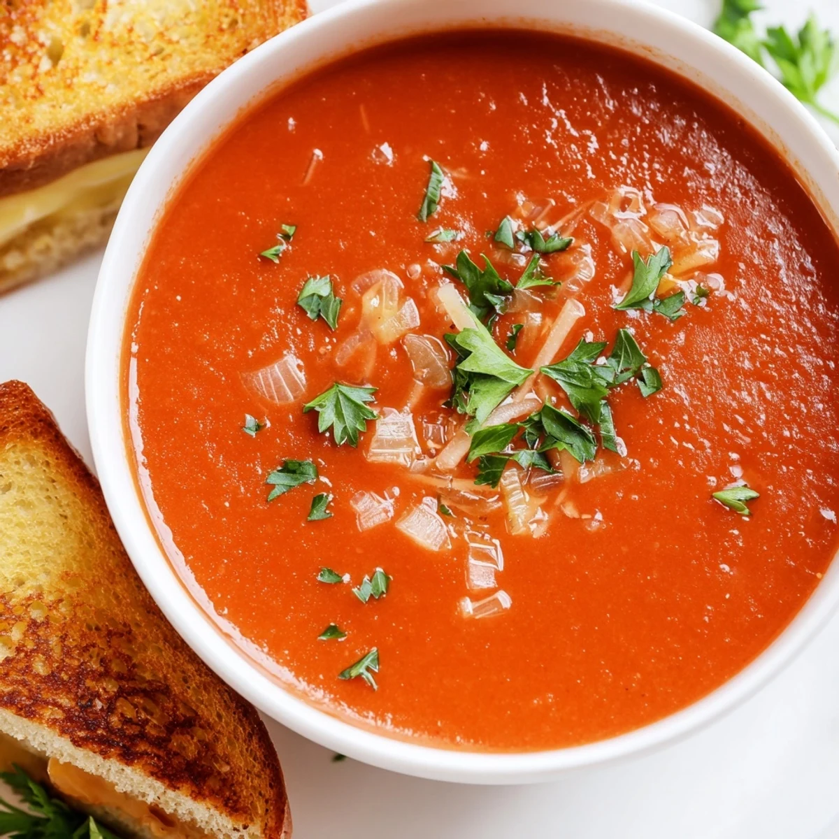 Freshly blended Creole Tomato Soup with Grilled Cheese, garnished with parsley, served steaming hot alongside golden, buttery sandwiches.