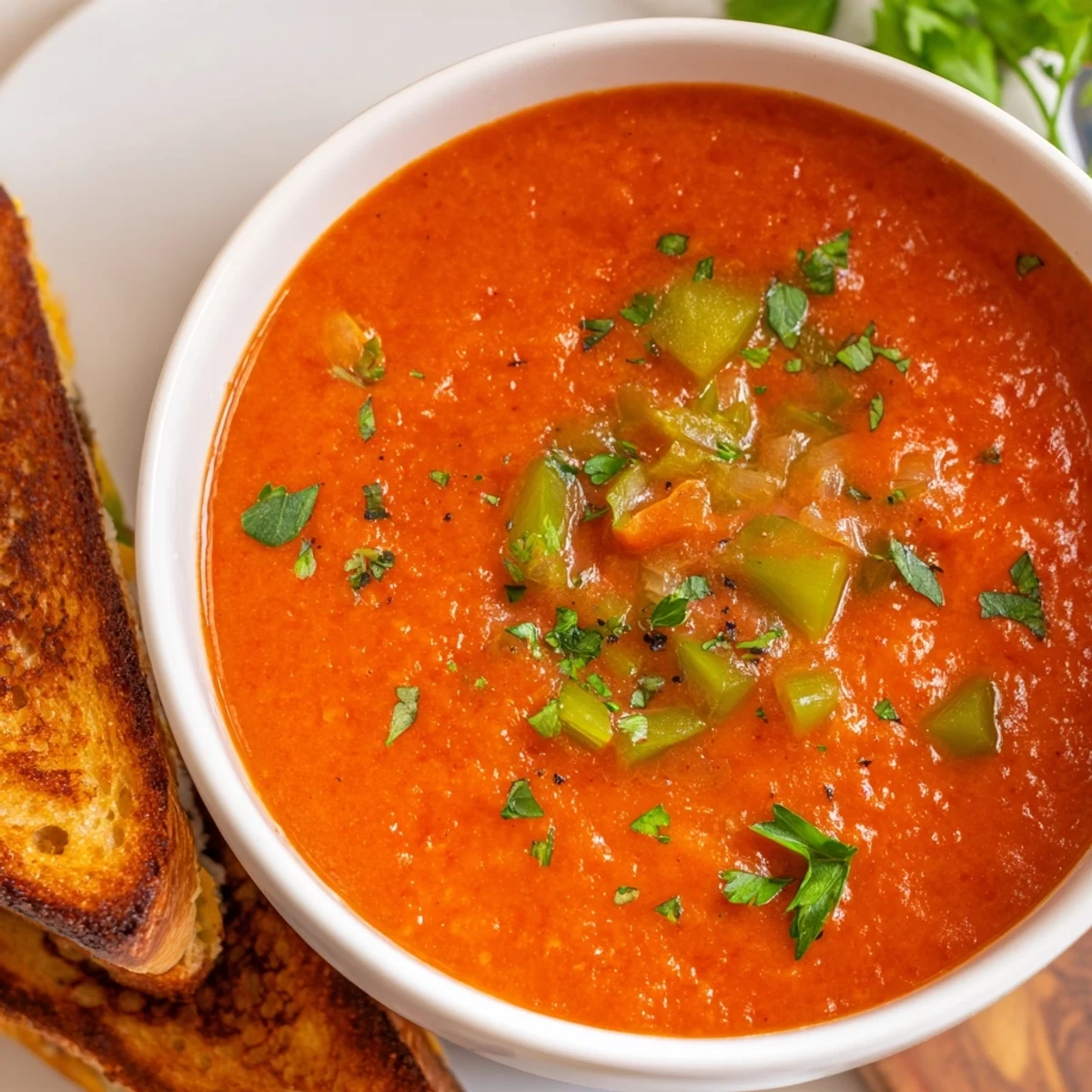 Zesty Creole Tomato Soup with Grilled Cheese on a rustic table, ready to dip for a comforting, spicy Southern-style meal.