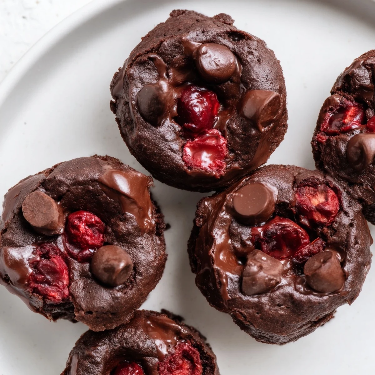 Close-up of Chocolate Cherry Brownie Bites, showcasing a moist crumb, dark cocoa, and gooey cherry pieces on a white plate.