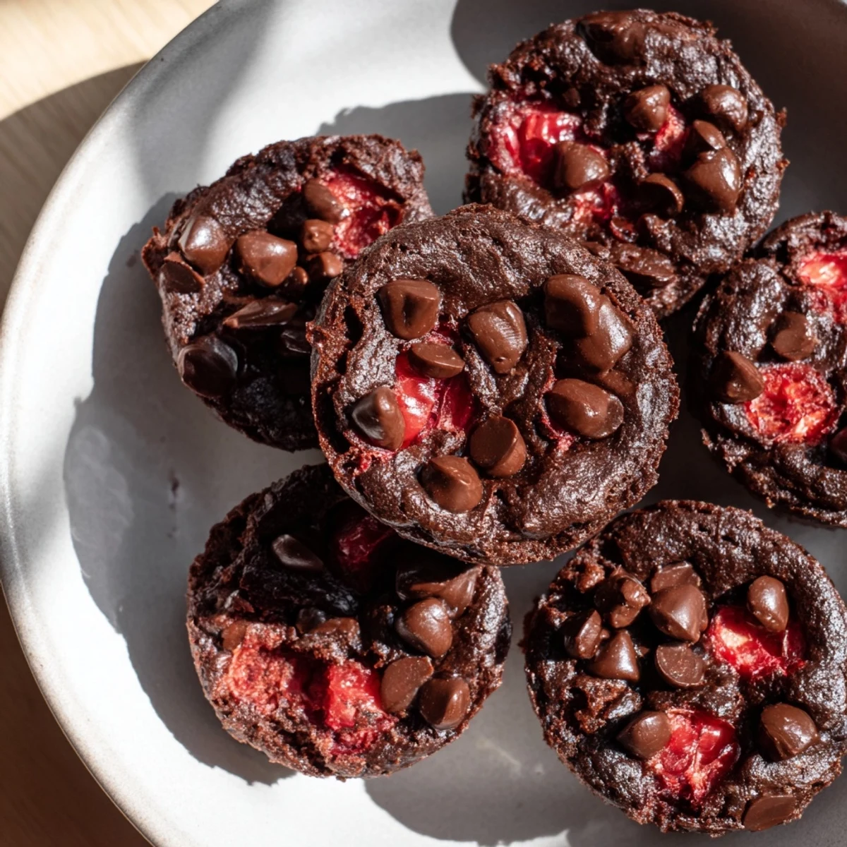 Chocolate Cherry Brownie Bites on a wooden board, featuring fudgy mini brownies with melted chocolate chips and chopped cherries.