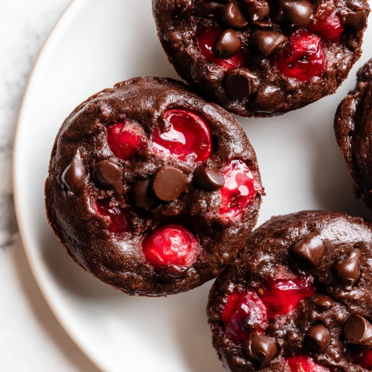 A platter of Chocolate Cherry Brownie bites topped with fresh cherries, perfect for parties, potlucks, or an easy snack.