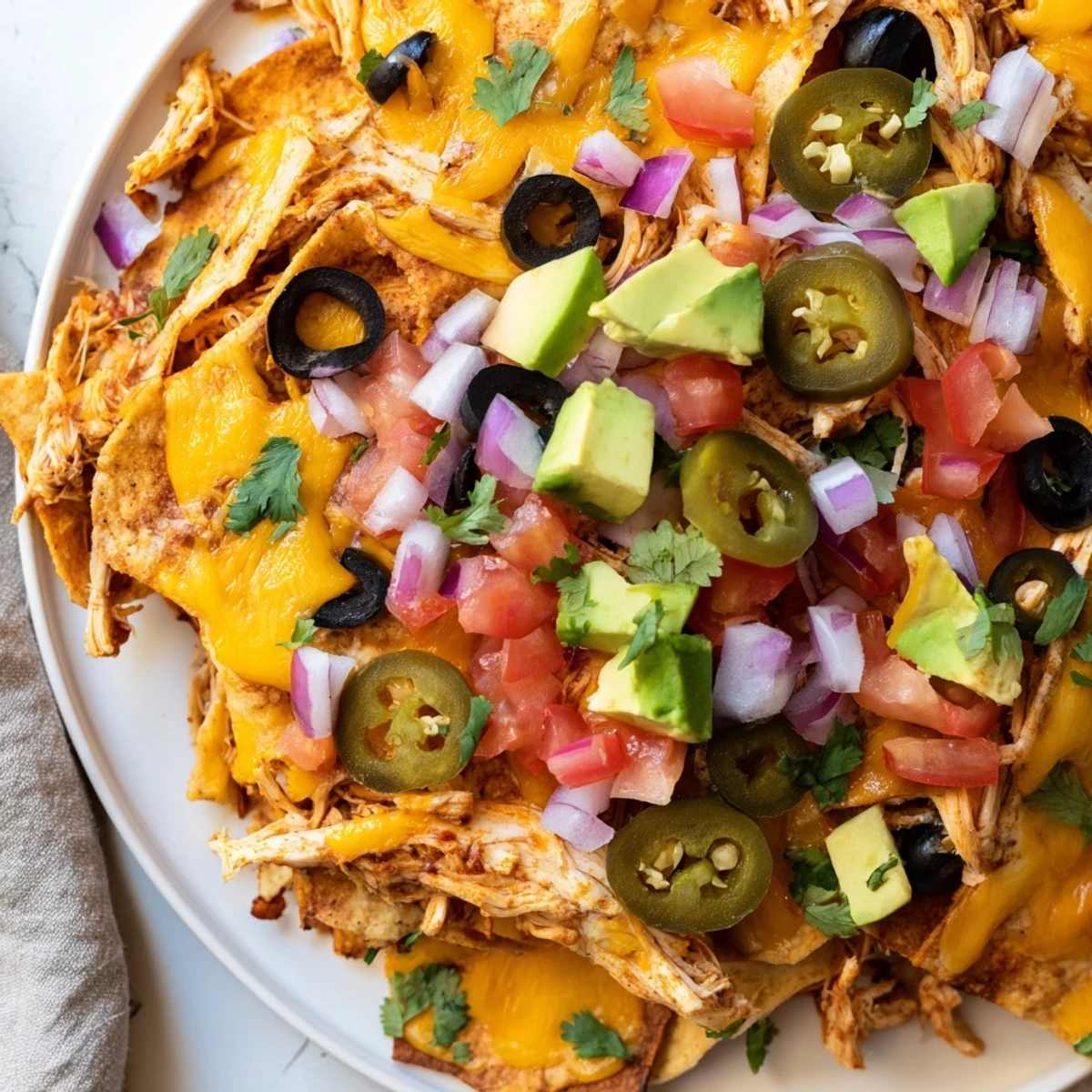 Crispy tortilla chips loaded with MVP Pulled Chicken, melted cheddar, and fresh jalapeños on a platter. 