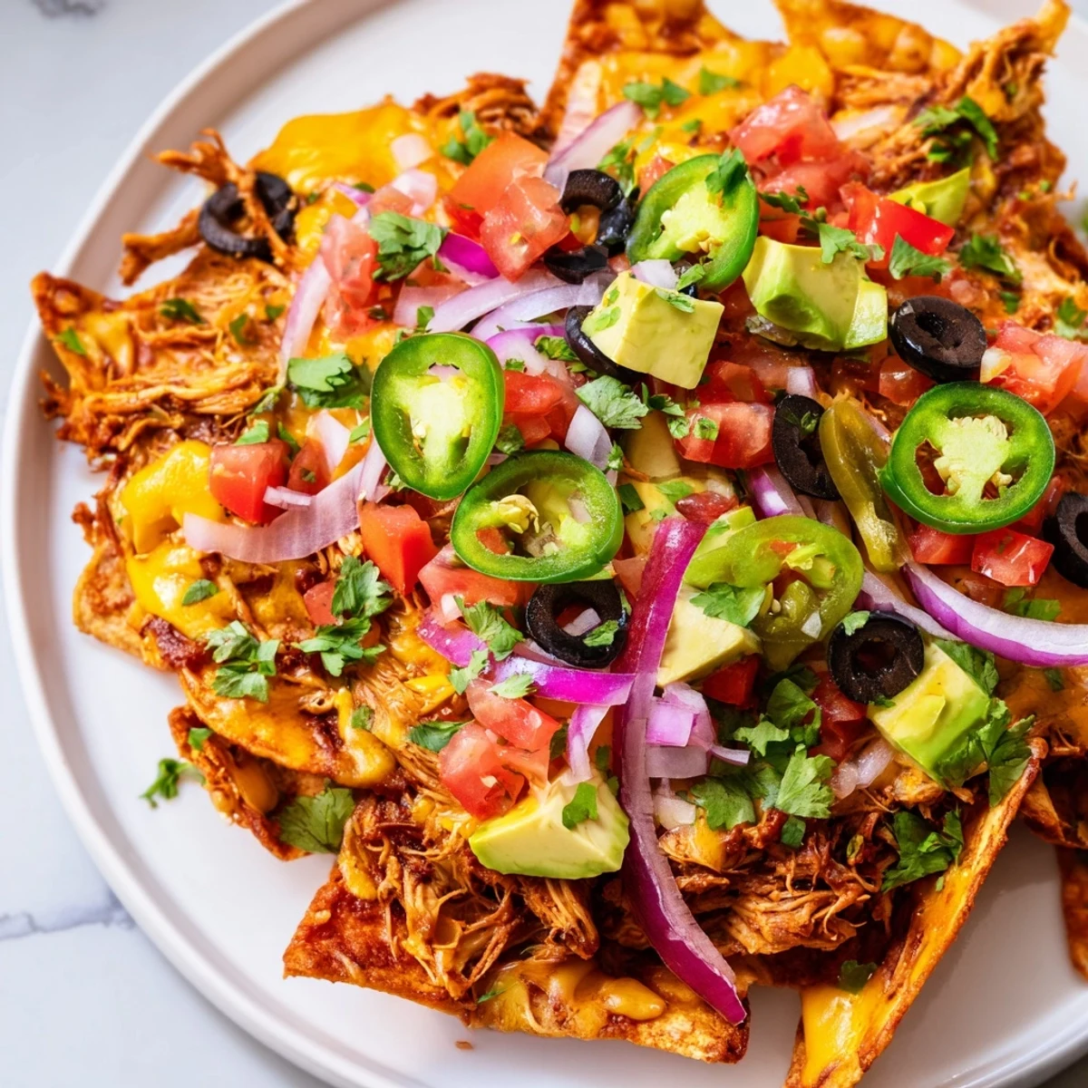 Hot MVP Pulled Chicken Nachos topped with creamy sour cream, diced avocado, and cilantro. 