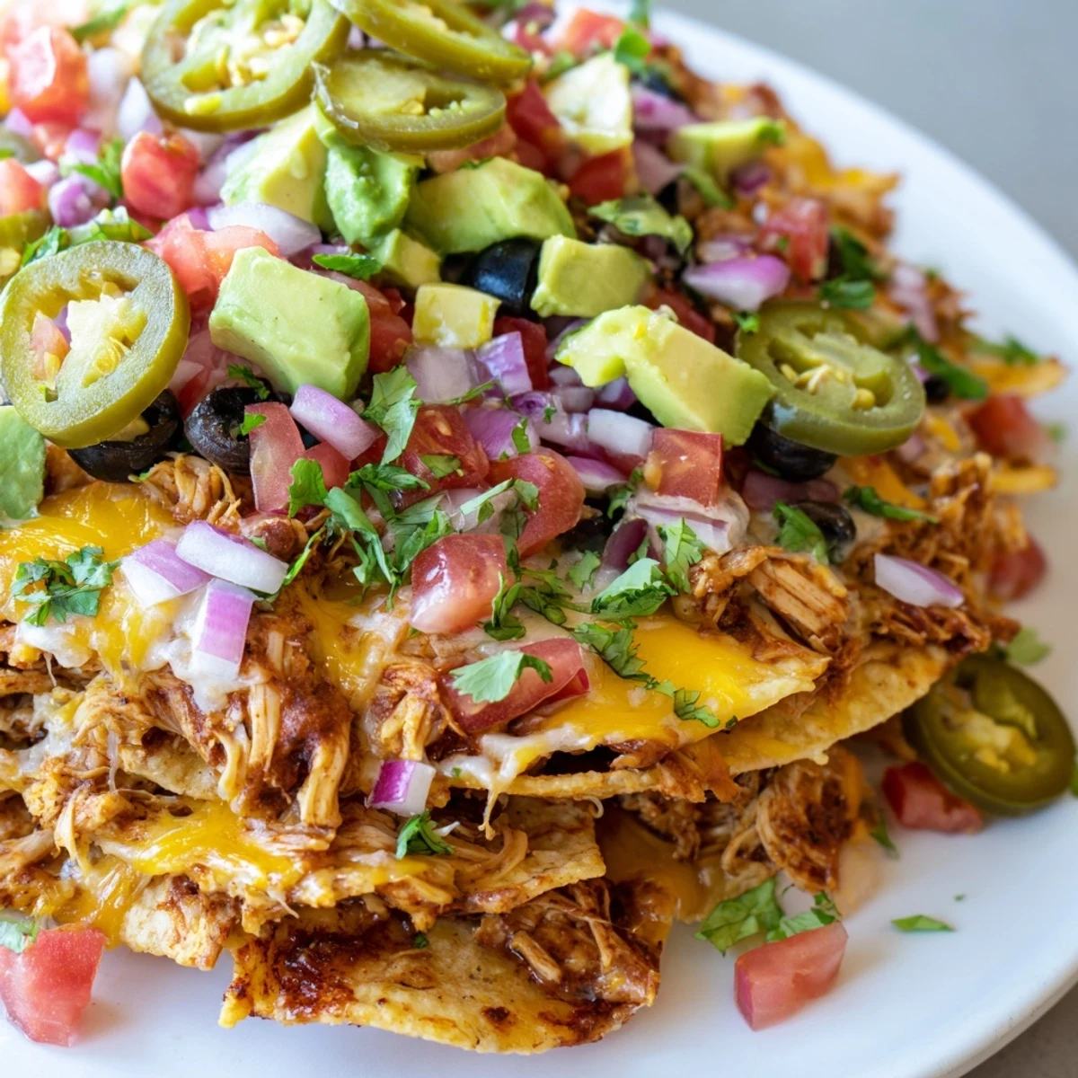 Oven-baked MVP Pulled Chicken Nachos served with lime wedges for a game day snack.