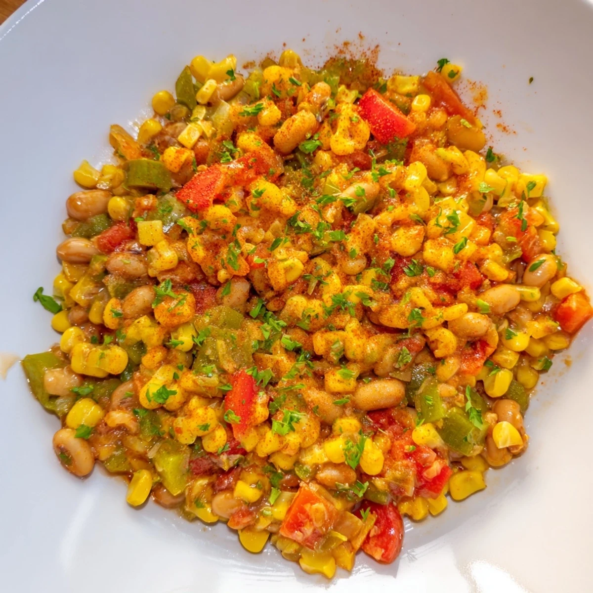 Vibrant Creole Succotash with lima beans and sweet corn steams in a skillet, garnished with fresh parsley.