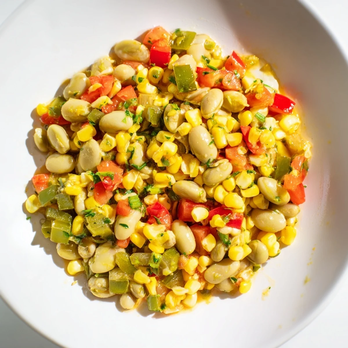 Savory Creole Succotash in a rustic bowl, featuring corn, lima beans, and diced tomatoes, ready to serve warm.
