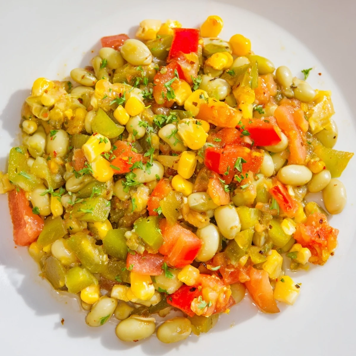 Hearty Creole Succotash with tender lima beans and peppers simmers, paired with grilled chicken over fluffy white rice.
