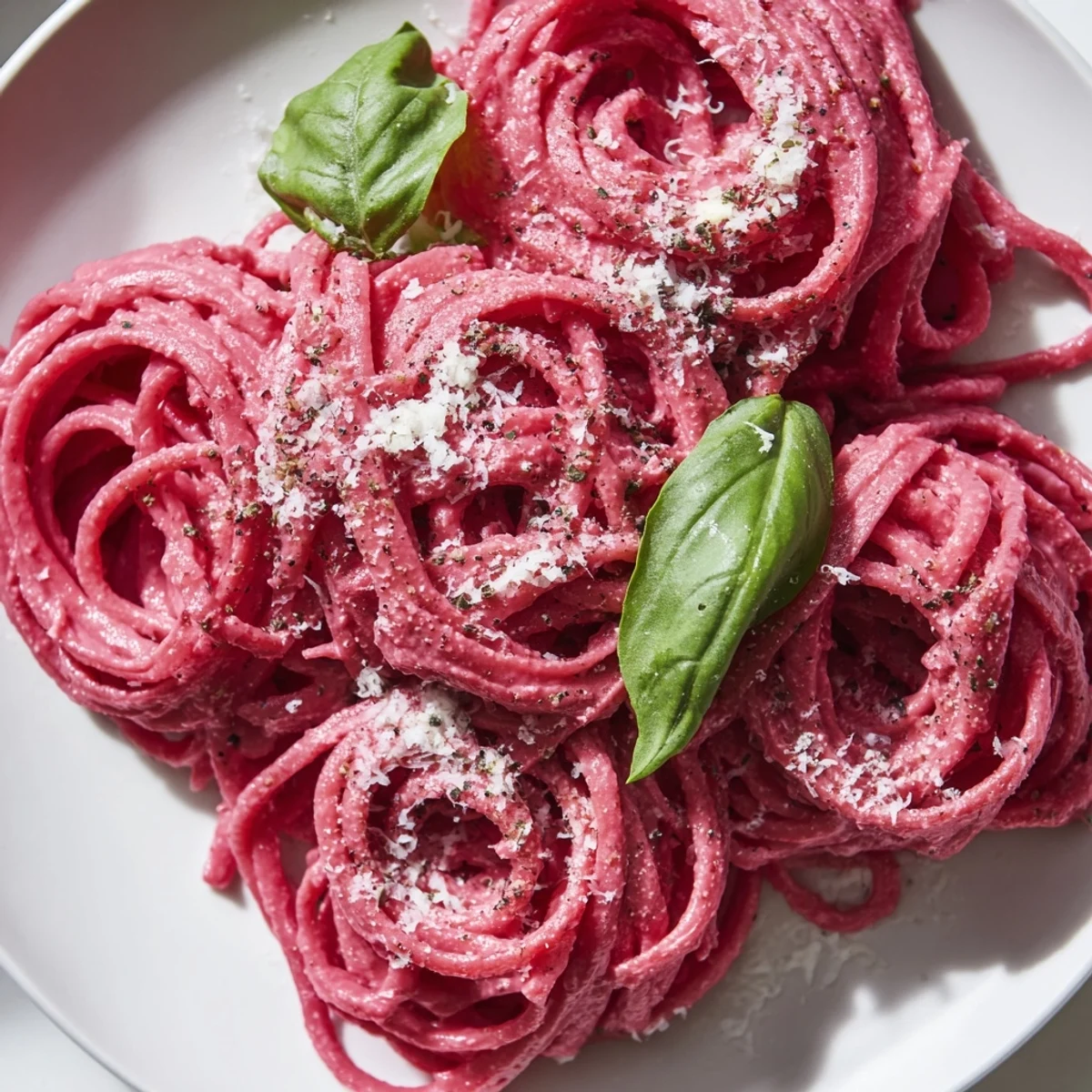 A vibrant bowl of Valentine Pink Pasta with Beet Cream Sauce, garnished with black pepper and a wine glass nearby.