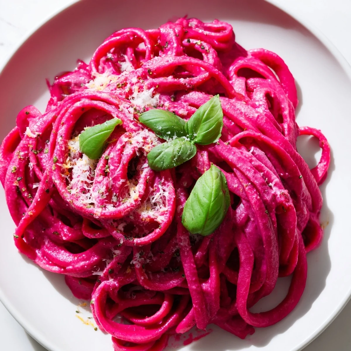 Valentine Pink Pasta with Beet Cream Sauce served with fresh basil and grated Parmesan, on a white plate.