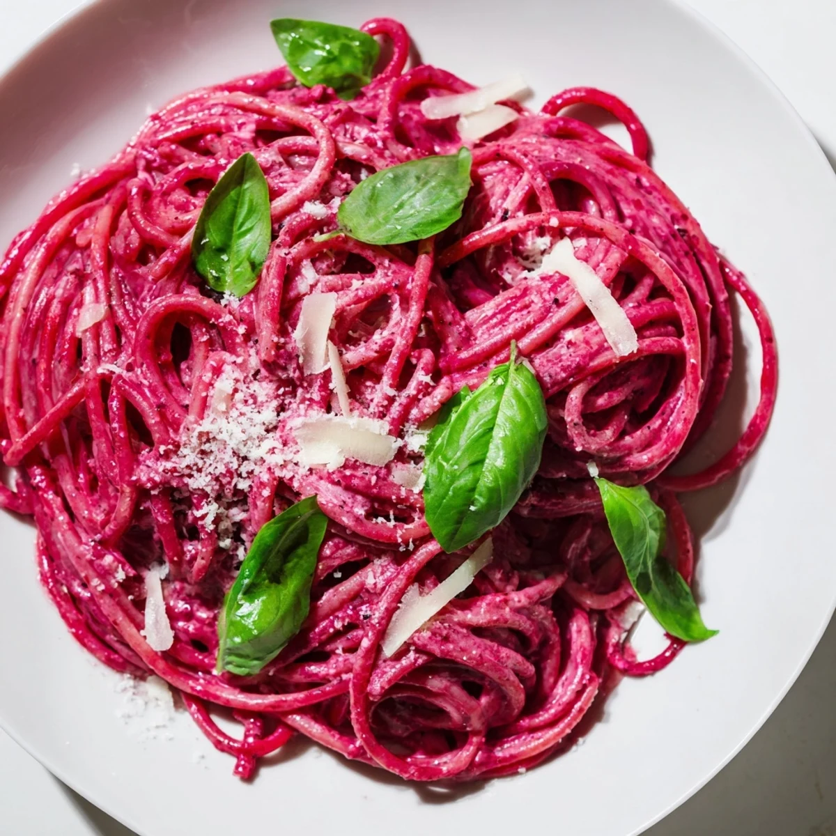 Close-up on a forkful of pink pasta with Beet Cream Sauce, revealing its smooth texture and fresh basil garnish.