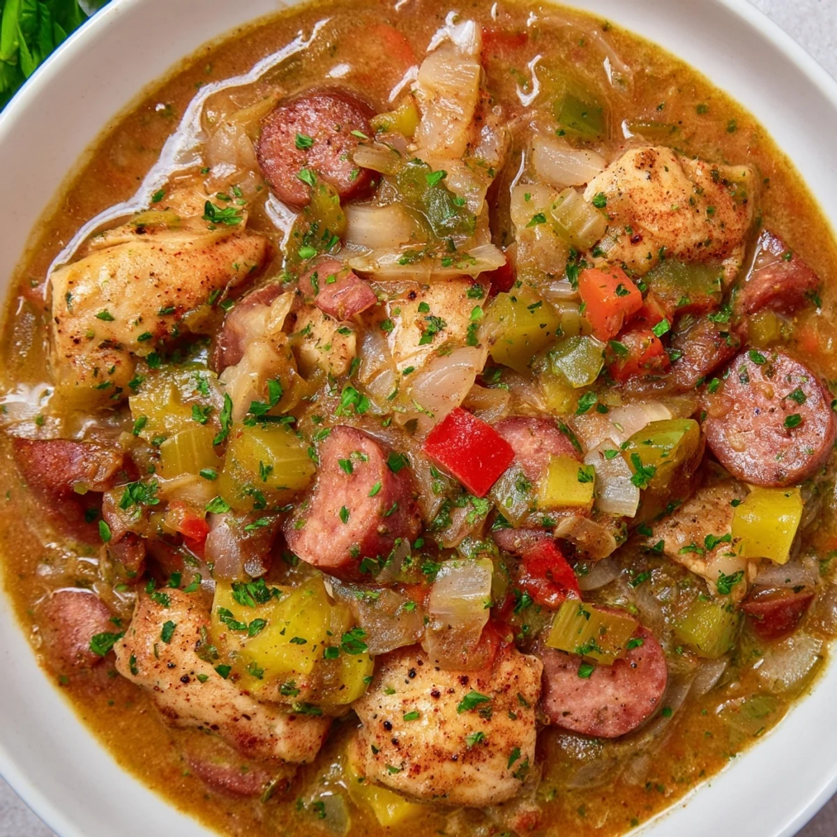 Hearty Mardi Gras Chicken and Sausage Stew in a Dutch oven, featuring Andouille sausage, tender chicken thighs, and peppers.