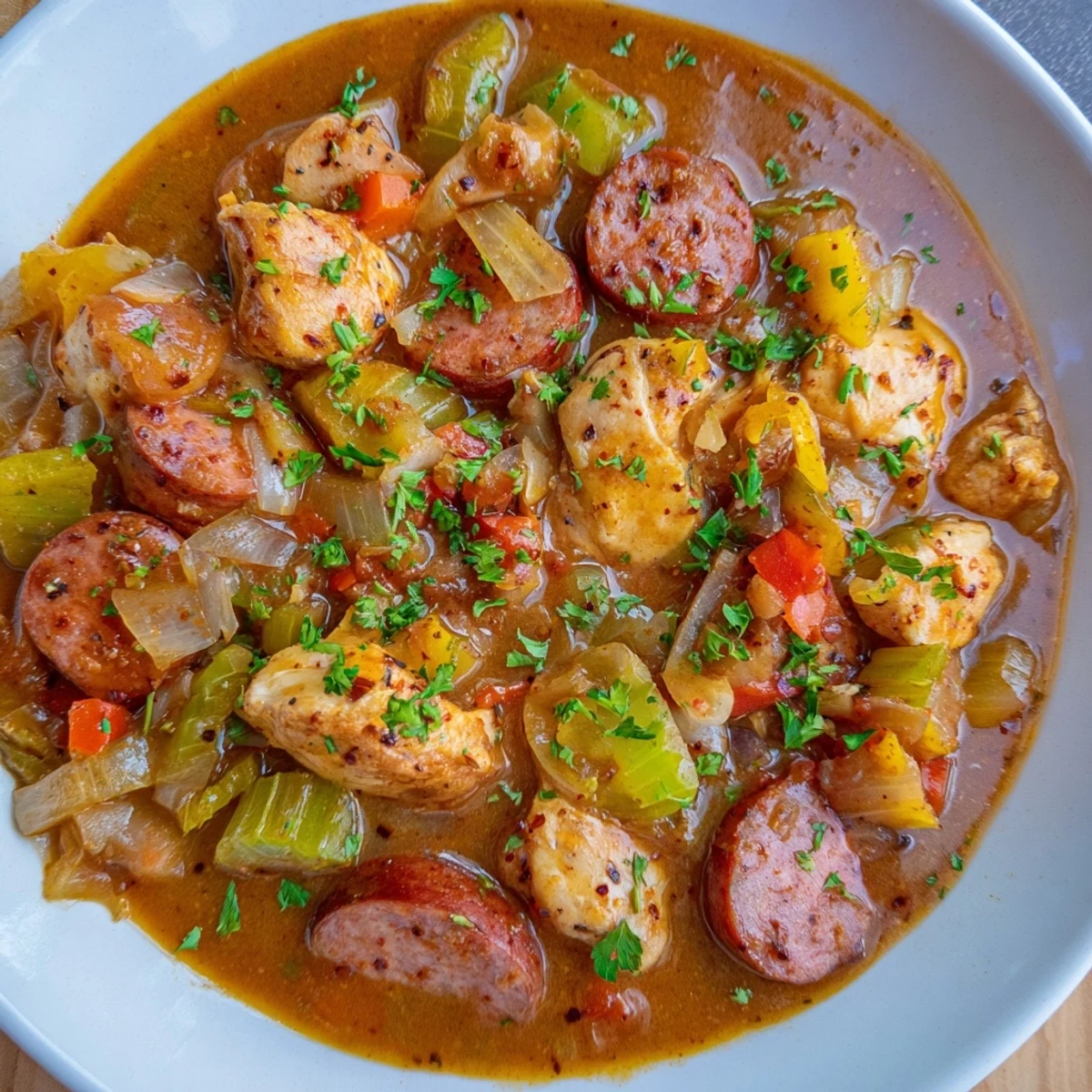 Golden-brown Mardi Gras Chicken and Sausage Stew steams in a rustic bowl, garnished with fresh green onions and parsley.