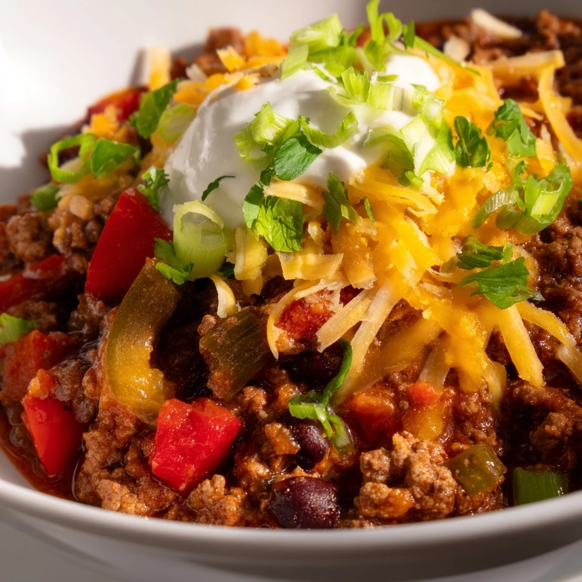 Steaming Championship Spicy Beef Chili with Cheddar served in a rustic bowl with sour cream.
