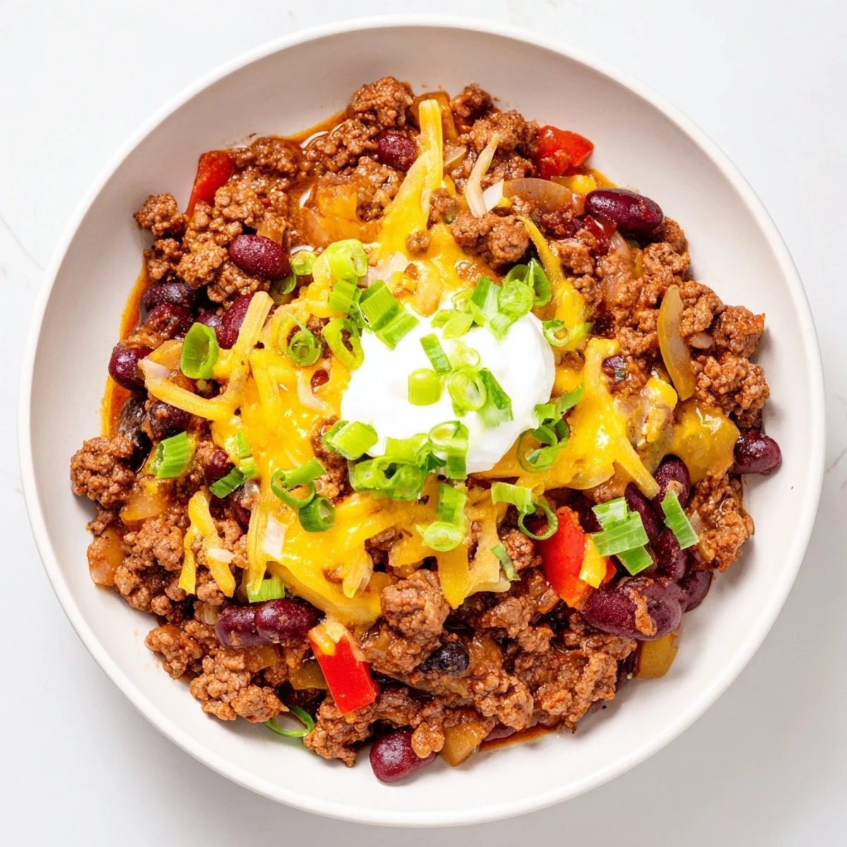 Award-winning Championship Spicy Beef Chili with Cheddar garnished with cilantro alongside warm cornbread.