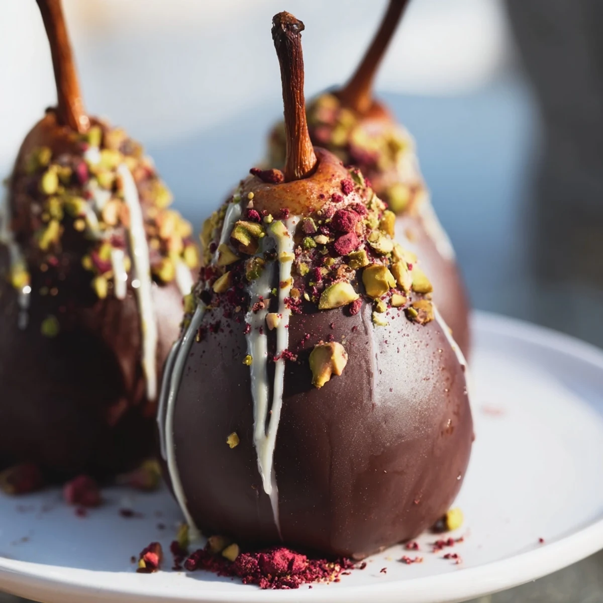 Four ripe pears dipped in rich dark chocolate, garnished with pistachios and white chocolate drizzle for a romantic dessert.