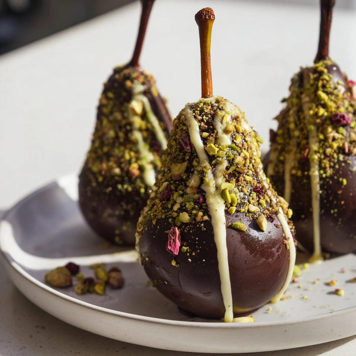 Elegant chocolate covered pears on a baking sheet, ready to chill after a decadent dark chocolate dip.
