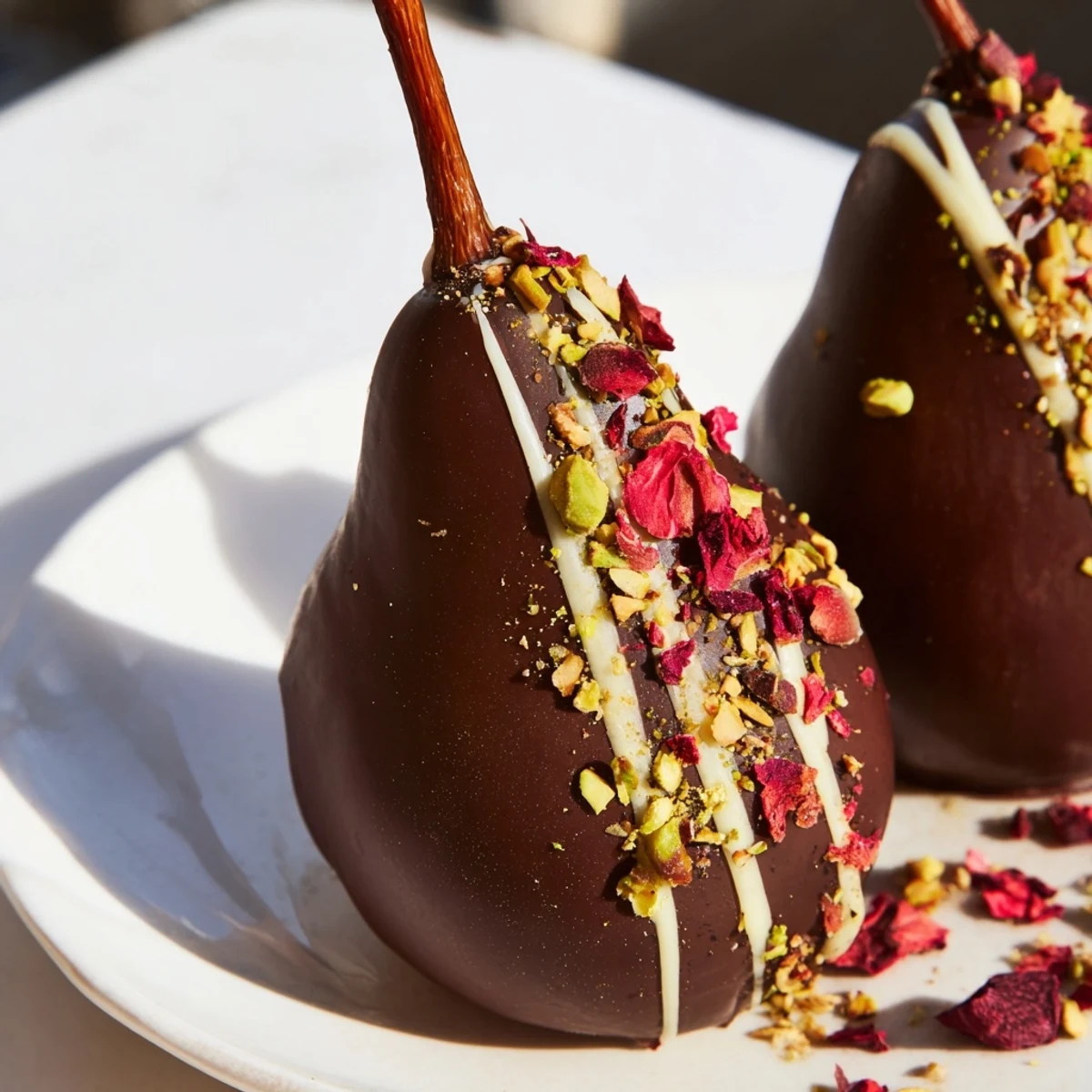 A close view of chocolate covered pears with edible rose petals, served chilled on a minimalist white platter.