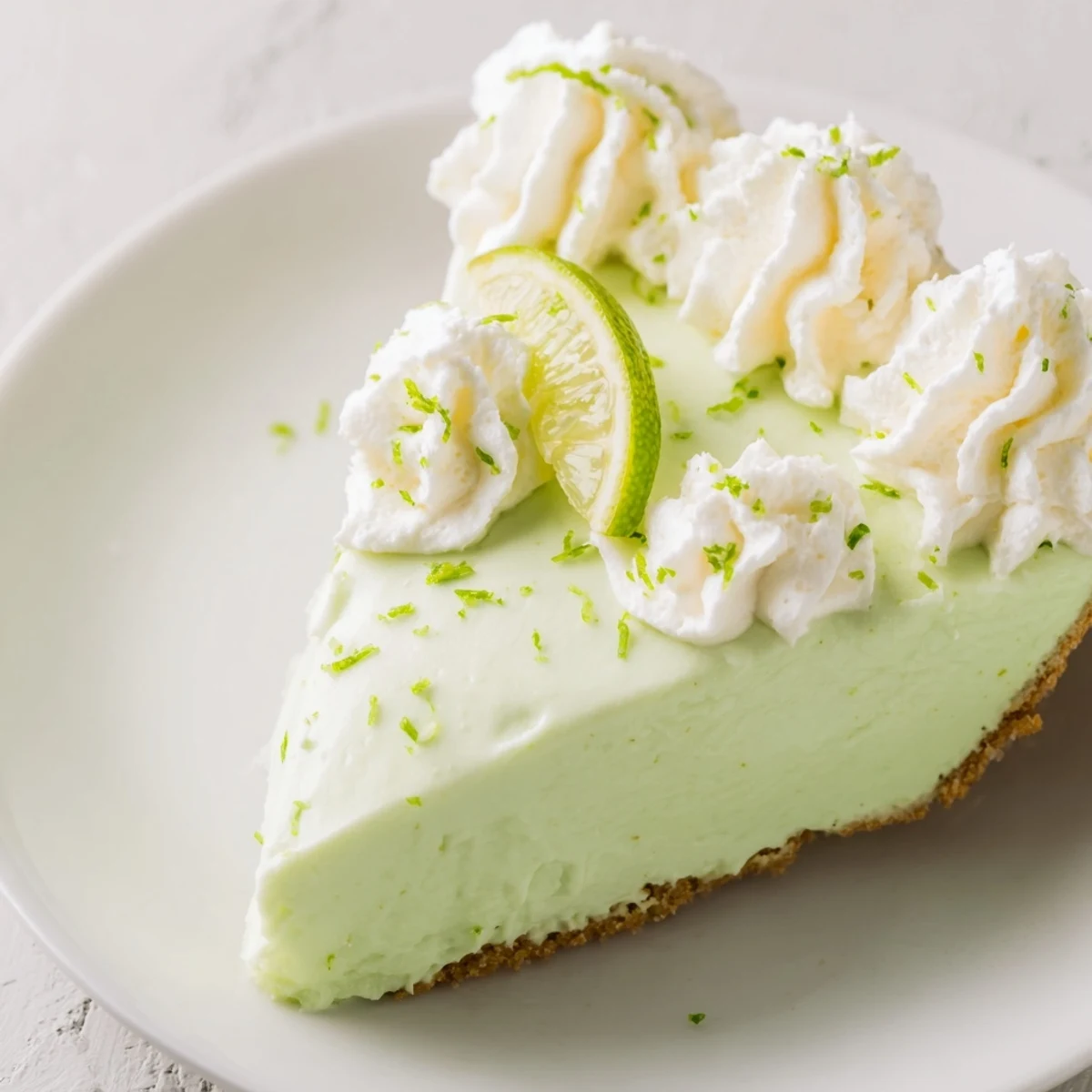 Bright green key lime pie topped with fluffy whipped cream and lime zest on a graham cracker crust.
