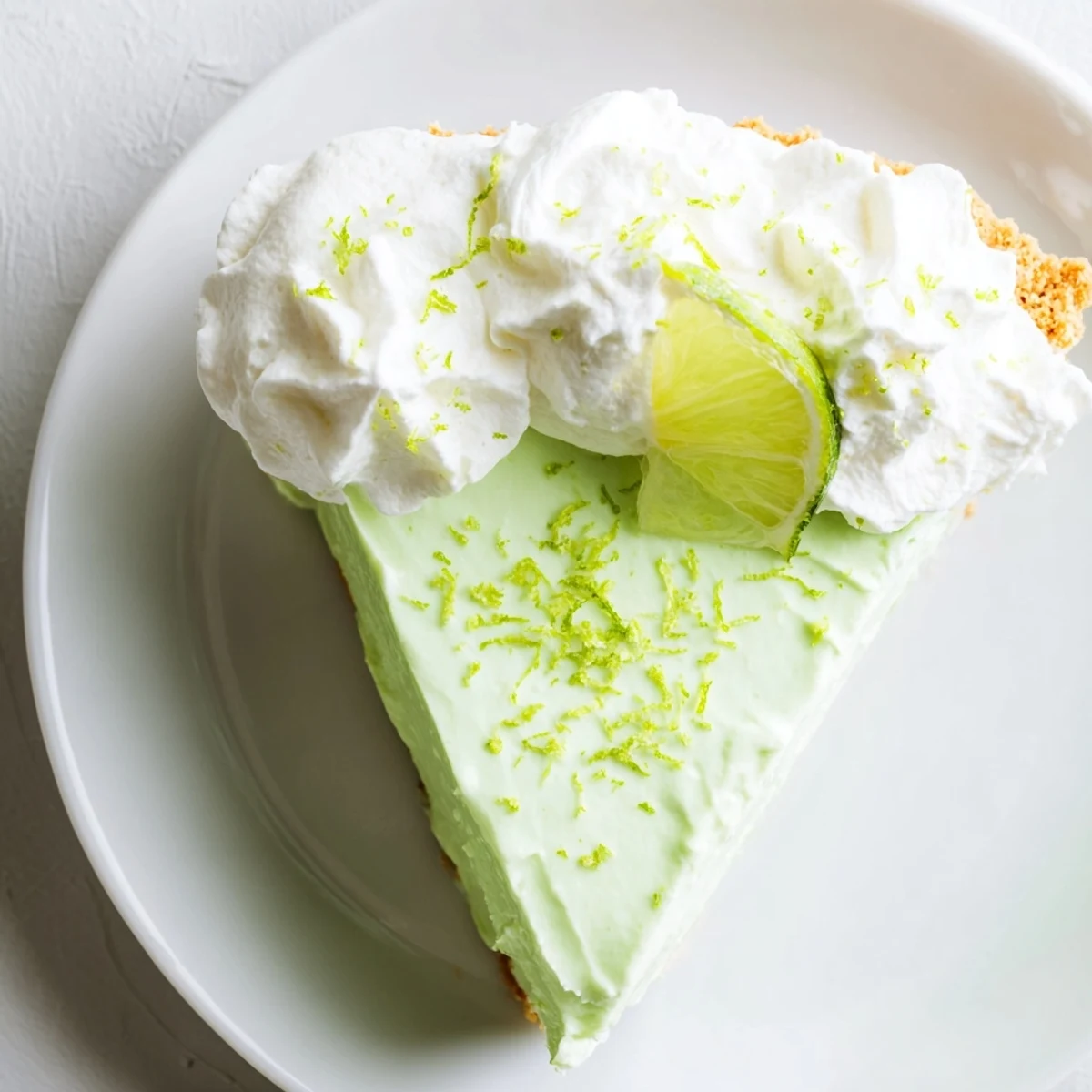 Freshly baked key lime pie featuring creamy green filling, whipped cream swirls, and lime slice garnish.