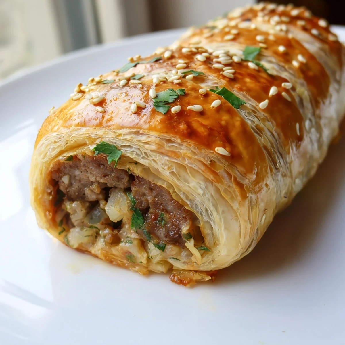 Flaky golden pastry-wrapped Game Day Sausage Rolls with beef, served warm with mustard for dipping.