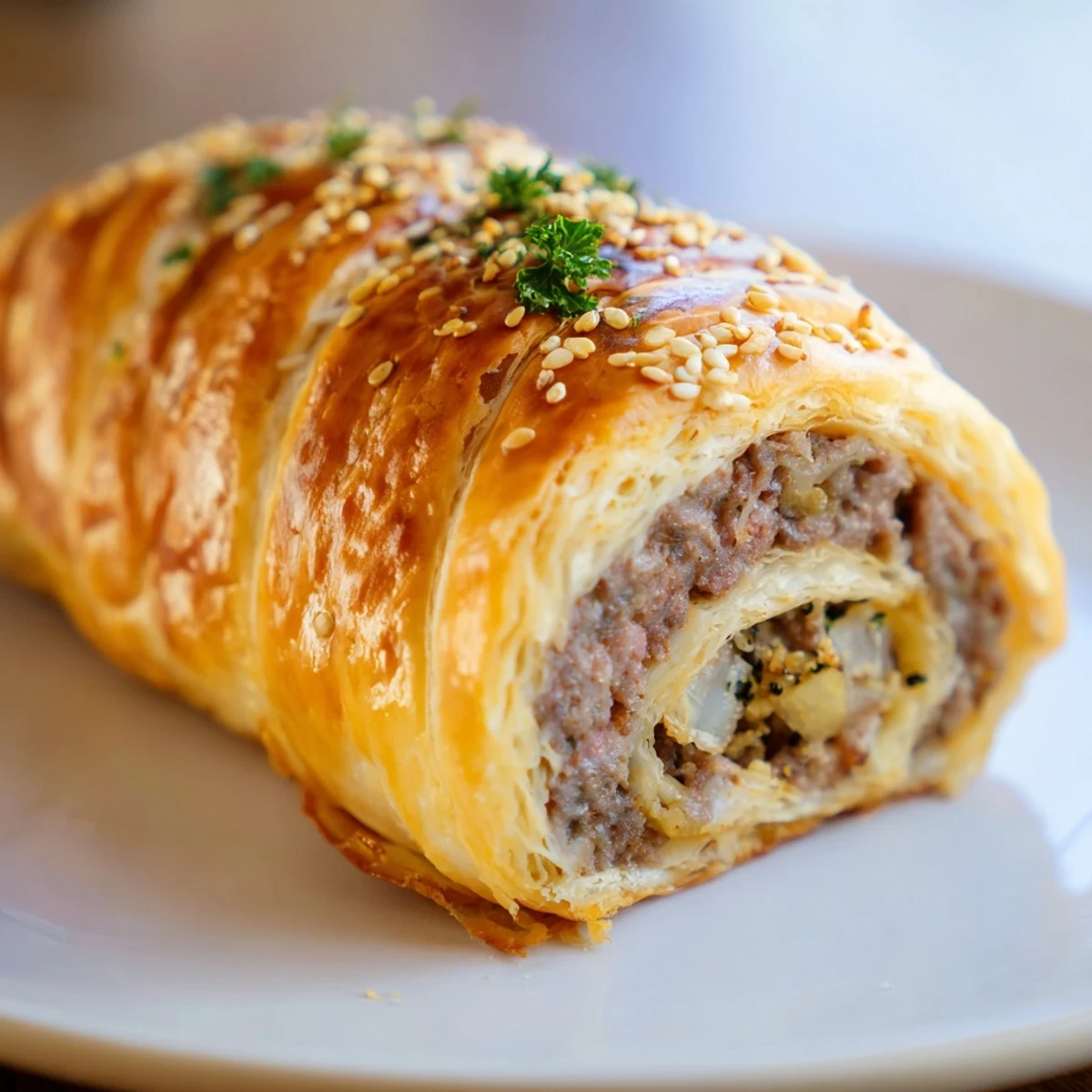 Freshly baked Game Day Sausage Rolls cooling on a tray with golden crusts and savory filling.
