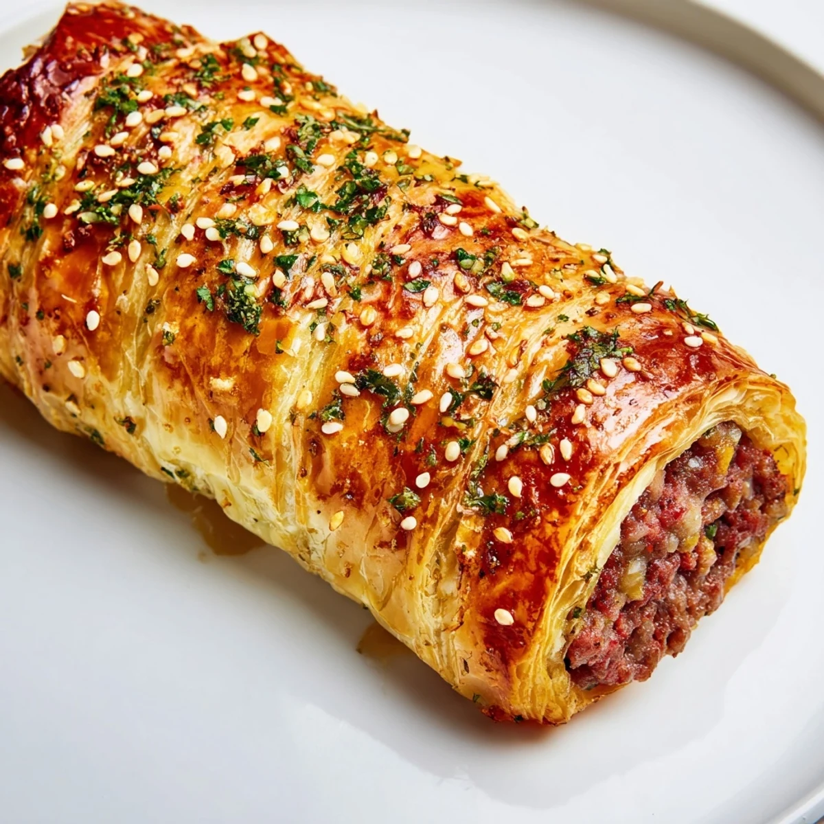 Game Day Sausage Rolls plated with ketchup dip, sesame seeds on top, perfect for Super Bowl parties.