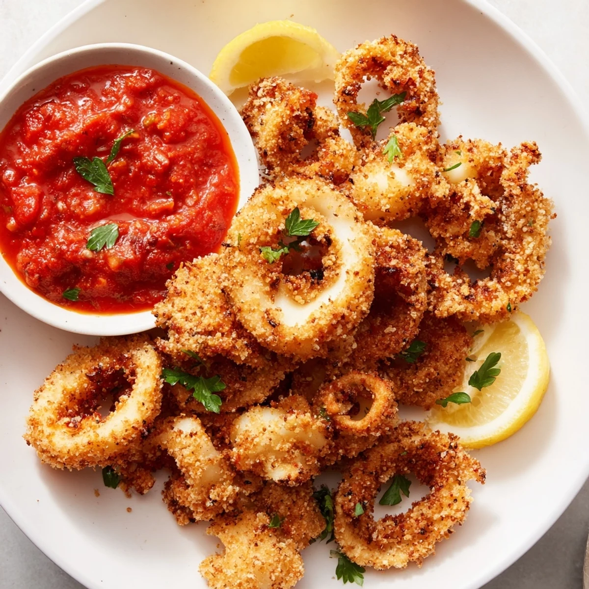 Golden-fried calamari rings with crispy breading, served alongside a vibrant red marinara sauce and fresh lemon wedges.