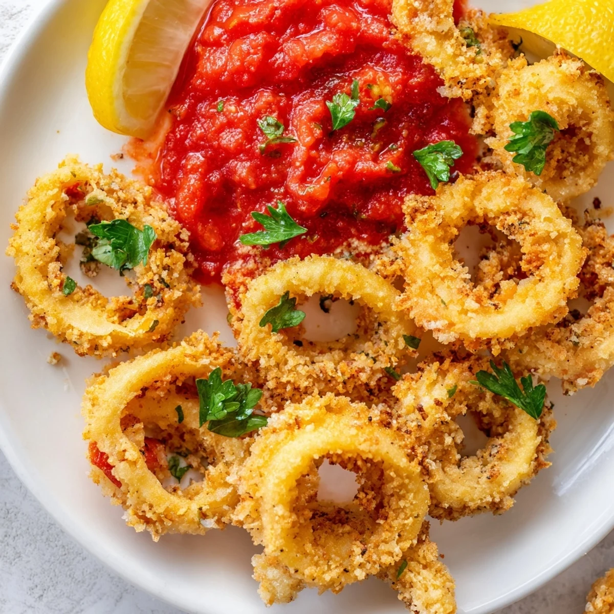 A close-up of tender calamari with marinara, garnished with parsley, perfect for an Italian appetizer spread.