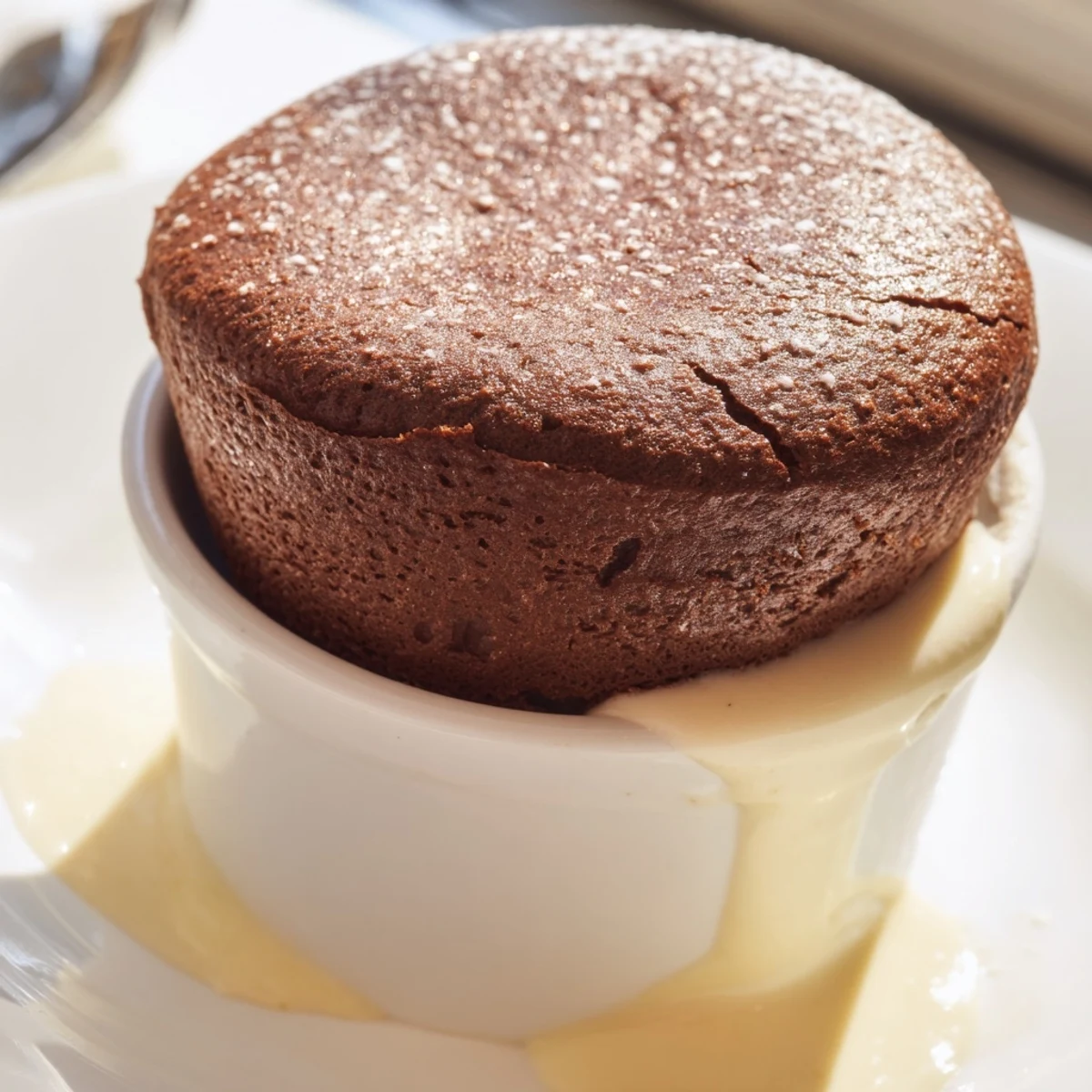 Golden-brown Chocolate Soufflé with Crème Anglaise rises high in a white ramekin, showcasing its airy, airy texture.  