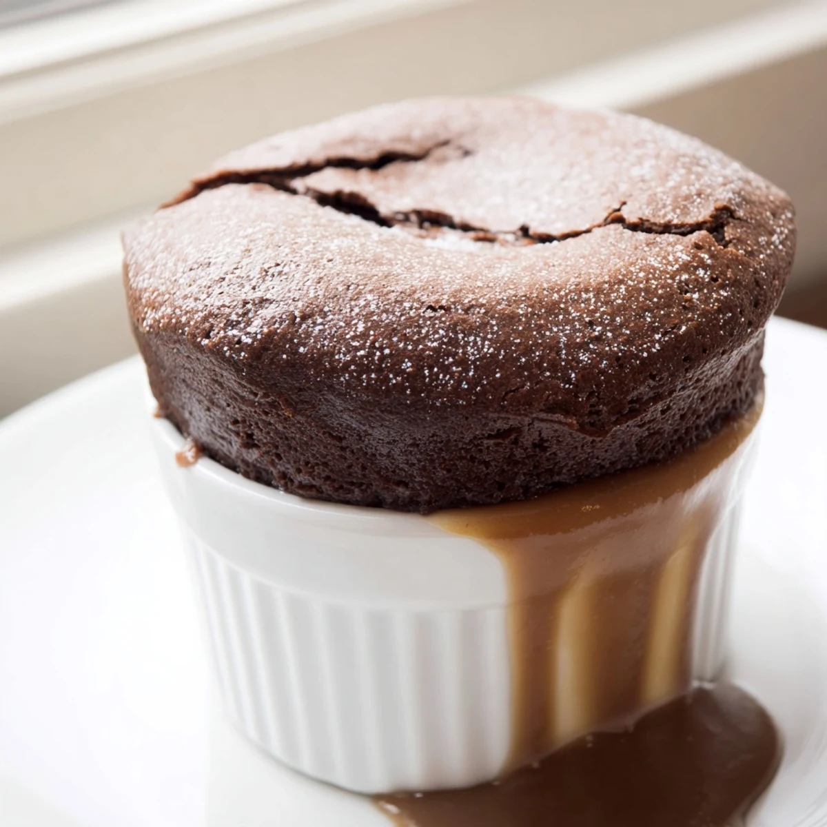 Freshly baked Chocolate Soufflé with Crème Anglaise is paired with coffee and berries, ready to impress guests.