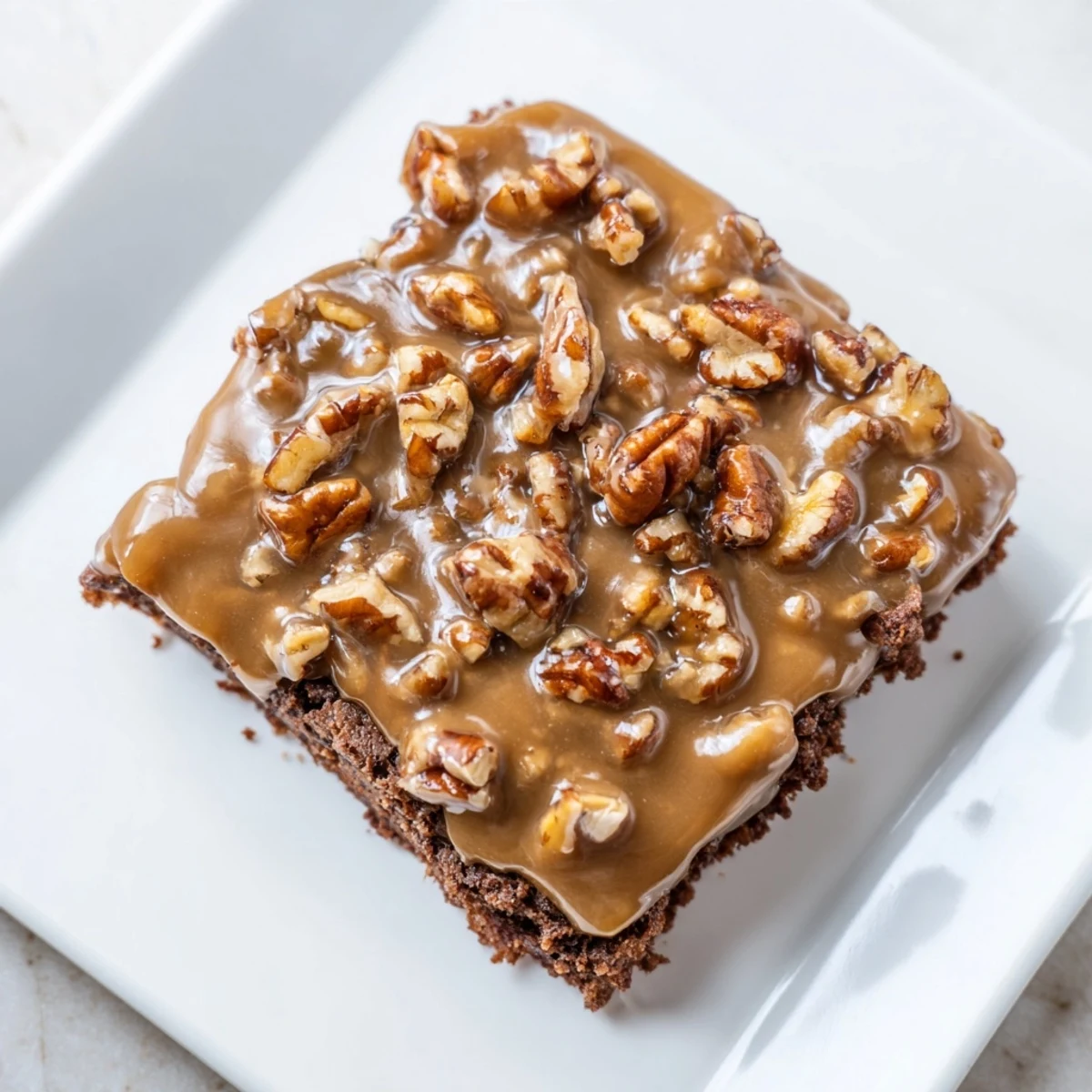 New Orleans Praline Brownies with Pecans cut into squares showing a glossy chocolate base and gooey pecan topping.