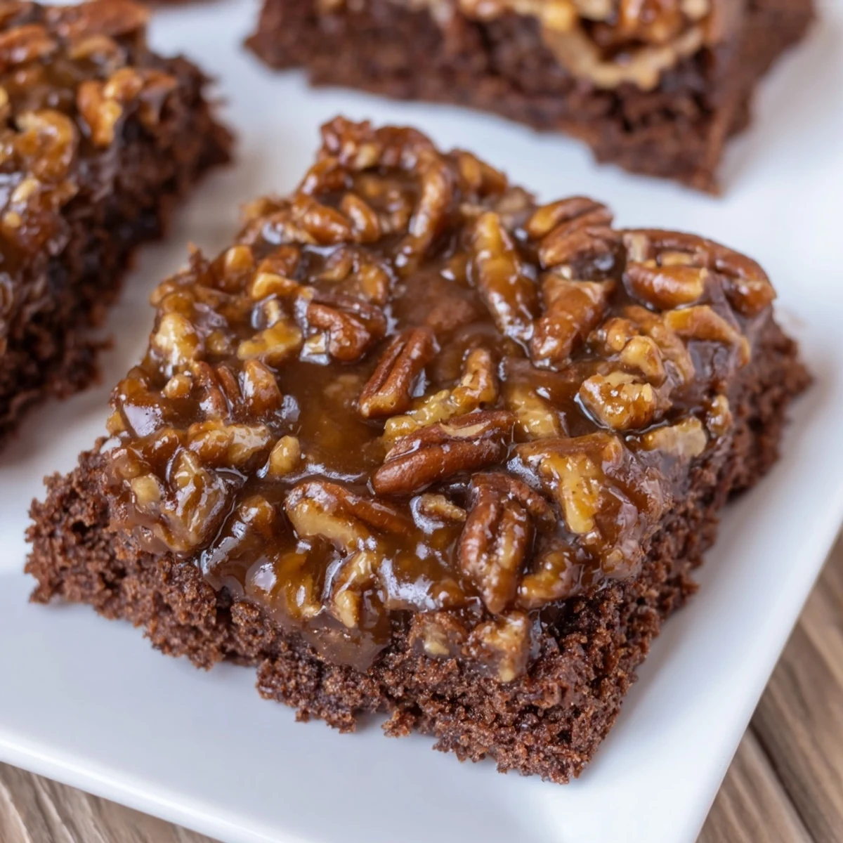 Close-up of warm New Orleans Praline Brownies with Pecans highlighting crunchy pecans and a buttery brown sugar glaze.