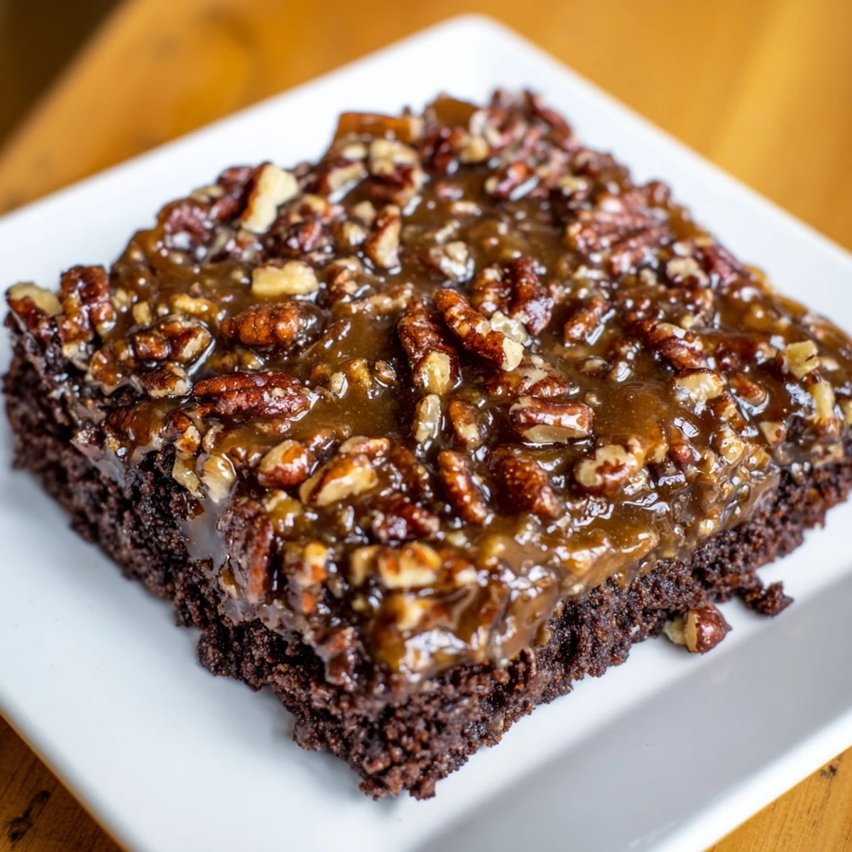 Fudgy squares of New Orleans Praline Brownies with Pecans on a plate, ready to serve with scoops of vanilla ice cream.