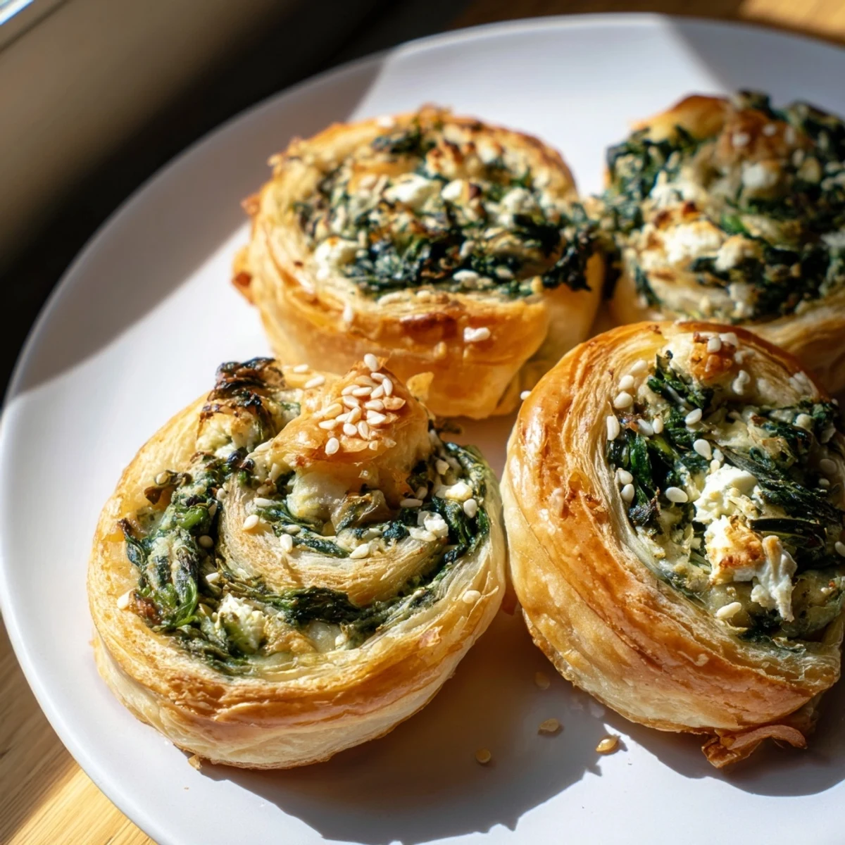 Golden baked Spinach and Feta Puff Pastry Pinwheels arranged on a rustic platter, showcasing flaky layers and a vibrant green filling.