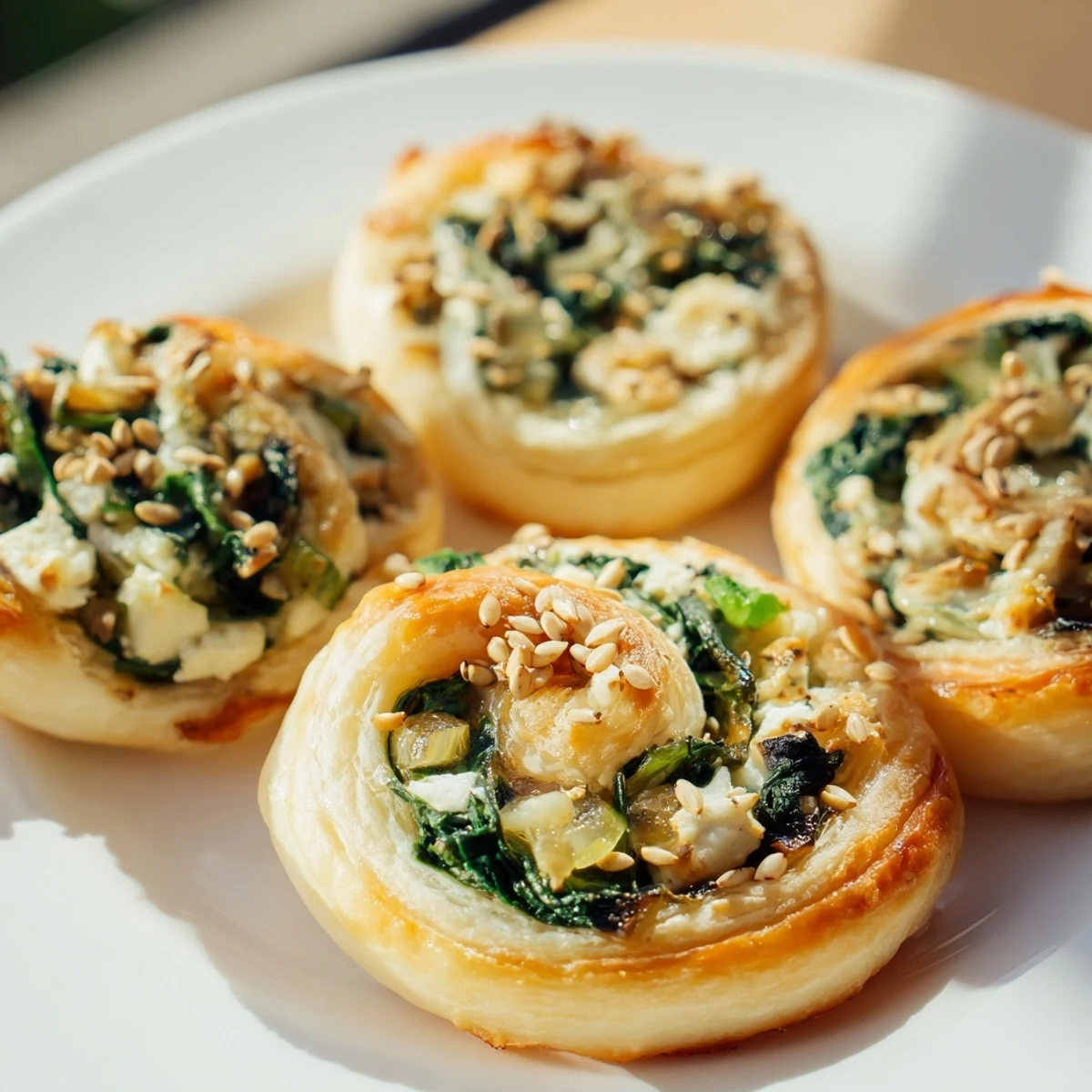 Warm Spinach and Feta Puff Pastry Pinwheels on a white plate, ready to be enjoyed as an appetizer or snack.